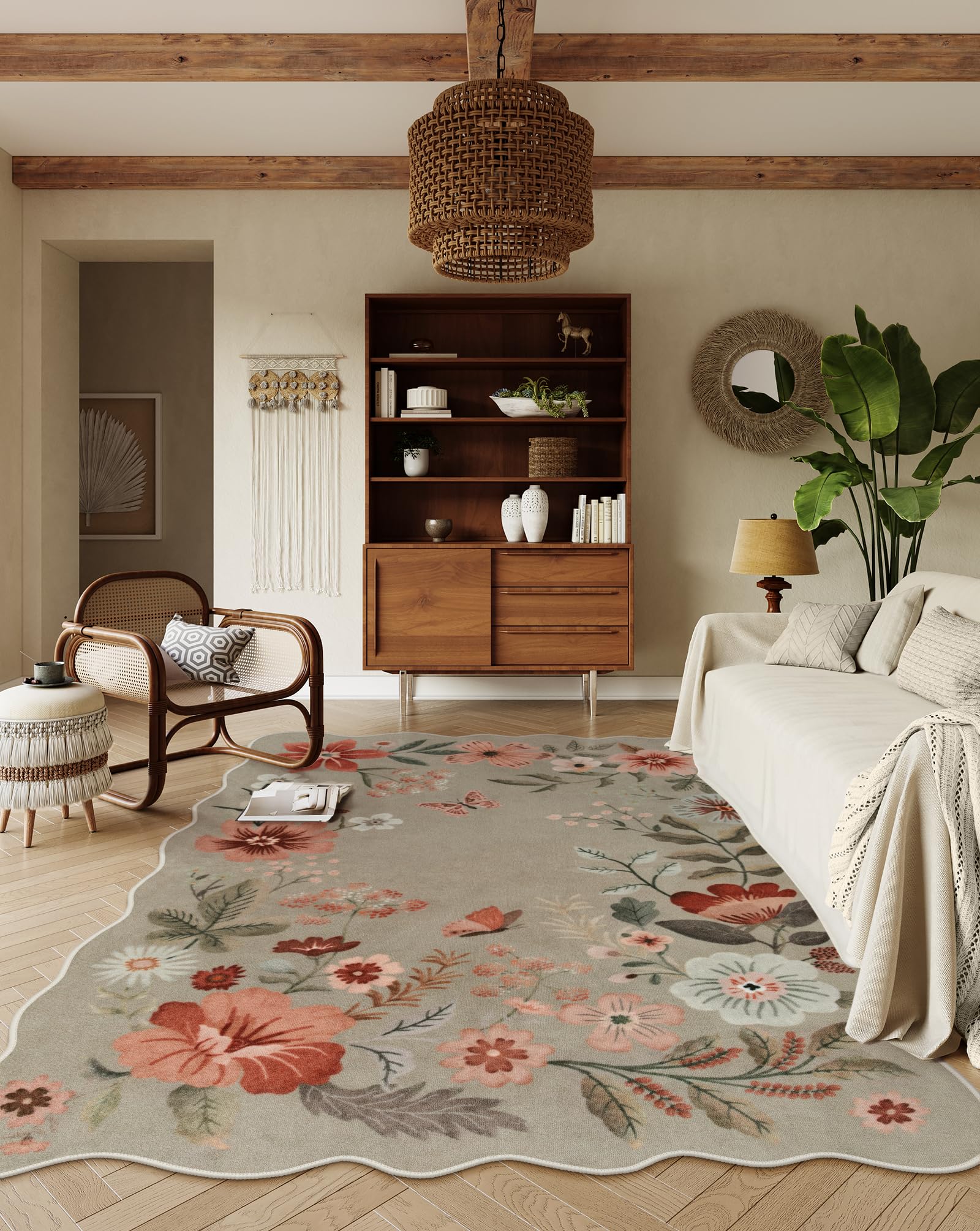 Lahome Floral Washable Rugs for Living Room, 5x7 Area Rugs Soft Non-Slip Stain Resistant Boho Low-Pile Throw Large Carpet for ‎Bedroom Dining Room