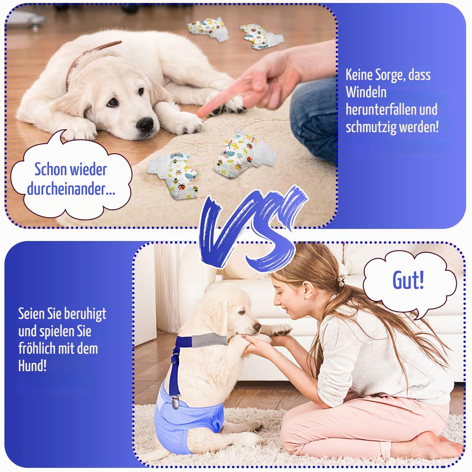 Saintrygo Hunde-Hosenträger für Windeln, für Hündinnen und Rüden, Hundegeschirr, hält Windel an deinem Haustier, für kleine, mittelgroße und große Hunde, 2 Stück, schwarz und blau, Größe M
