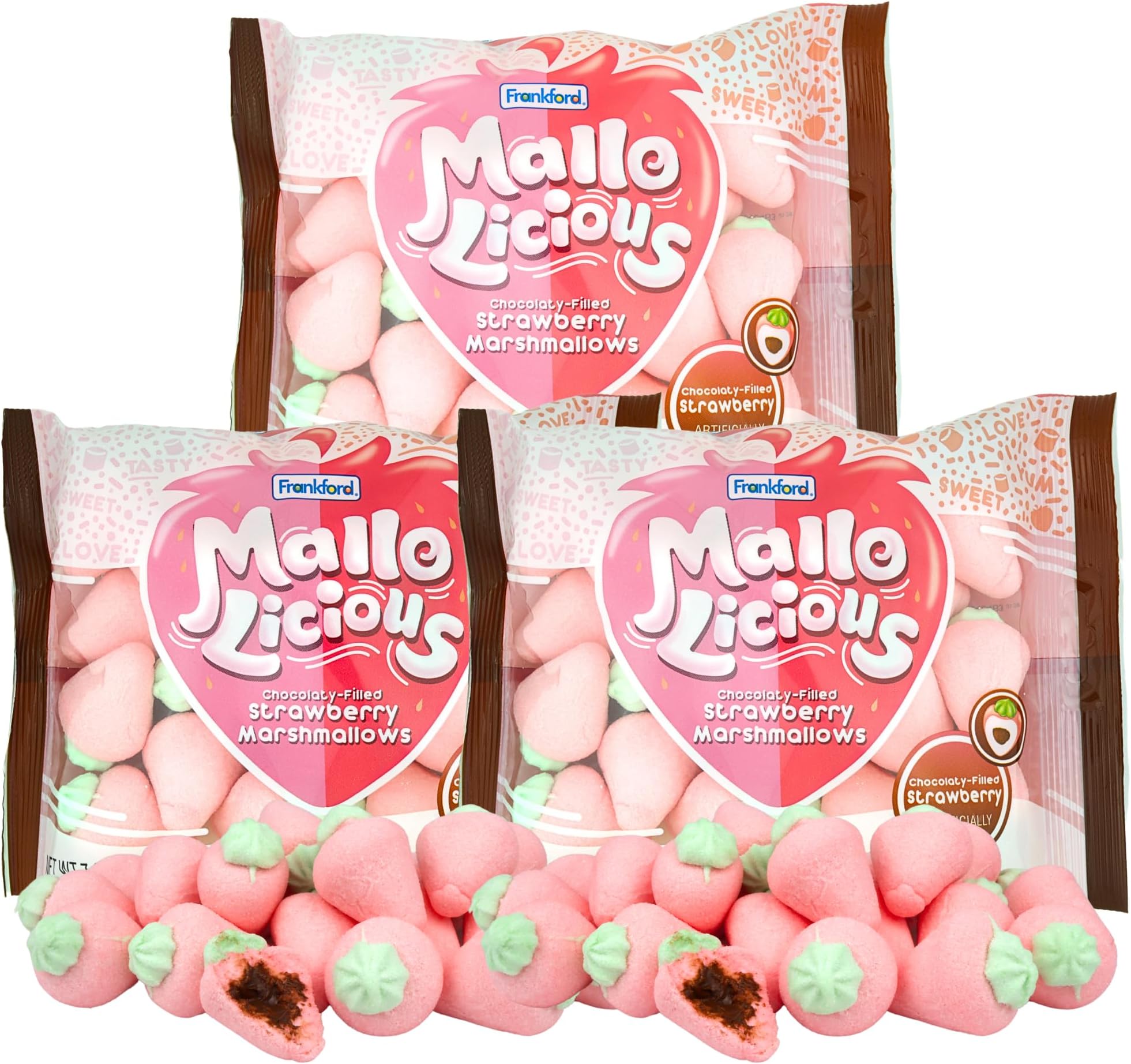 Sweetzo - Chocolate Filled Strawberry Marshmallows, Great for Snacking, Hot Chocolate, S'mores, and Baking, 7 Ounces Each (Pack of 3)