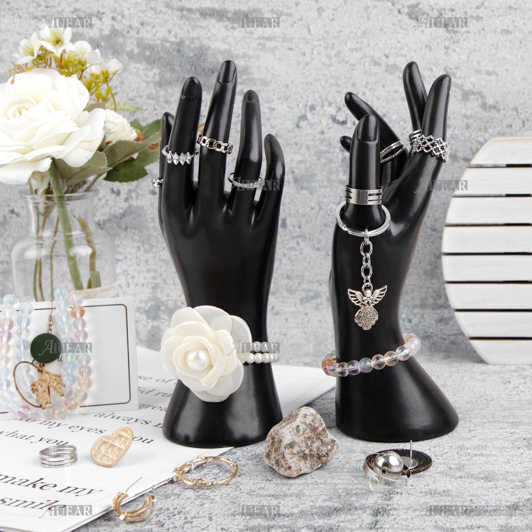 Lot De 2 Présentoirs à Bijoux - Buste Et Main En PVC - Pour Colliers, Boucles D'oreilles, Bagues, Bracelets - Noir - 5