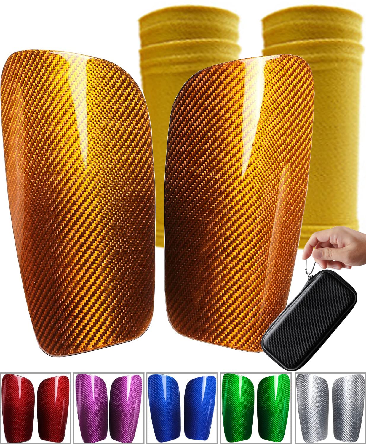 Carbon Fiber Soccer Shin Guards, with Portable Carrying Case, Super Strong, Ultra Light, Shock Resistance, Air Permeability, Suitable for Adult, Youth, Kid, Effective Protection