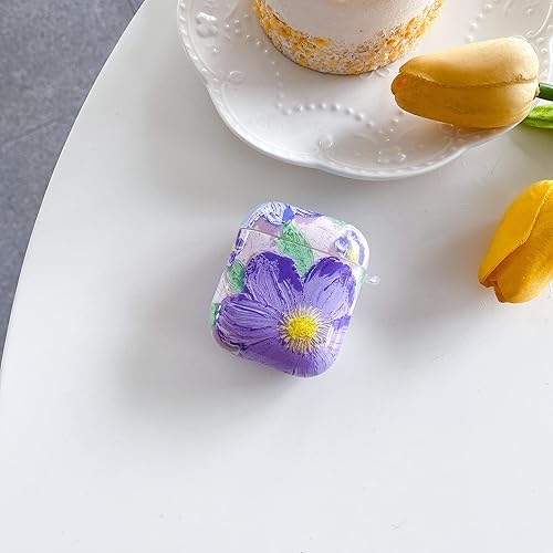 Miniatura 3 de Funda compatible con Airpods, pintura al óleo, funda protectora con llavero de flor, accesorios para AirPods estuche de carga 2 y 1 (flor morado)