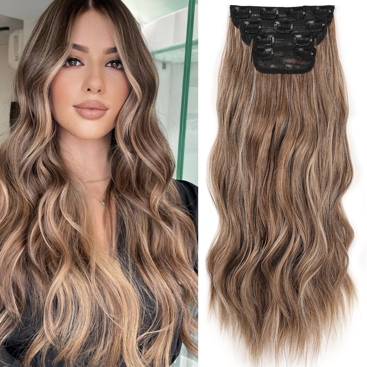 Mscat 24 Inch Clip Hair Extensions Dark Brown with Blonde - 4PCS Full Head Set Thick Curly Wavy Synthetic Hair Extensions