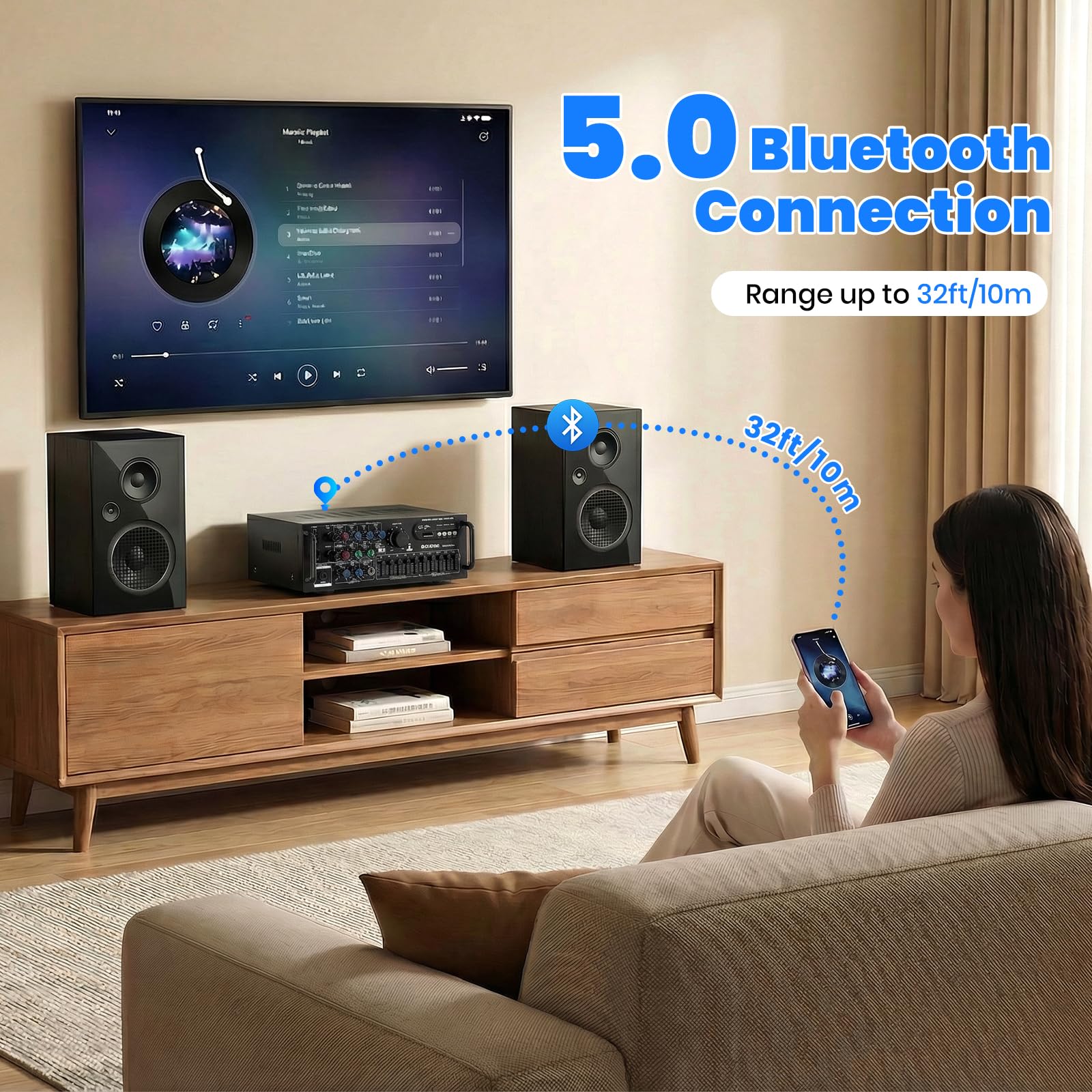 Amplificateur HiFi Stéréo Bluetooth 600W Ampli Bluetooth avec Télécommande | 2 Canaux avec Égaliseur 5 Bandes, Récepteur Audio HiFi, FM USB SD AUX, Amplificateur Audio Karaoké pour Home Studio,AC/DC 12V