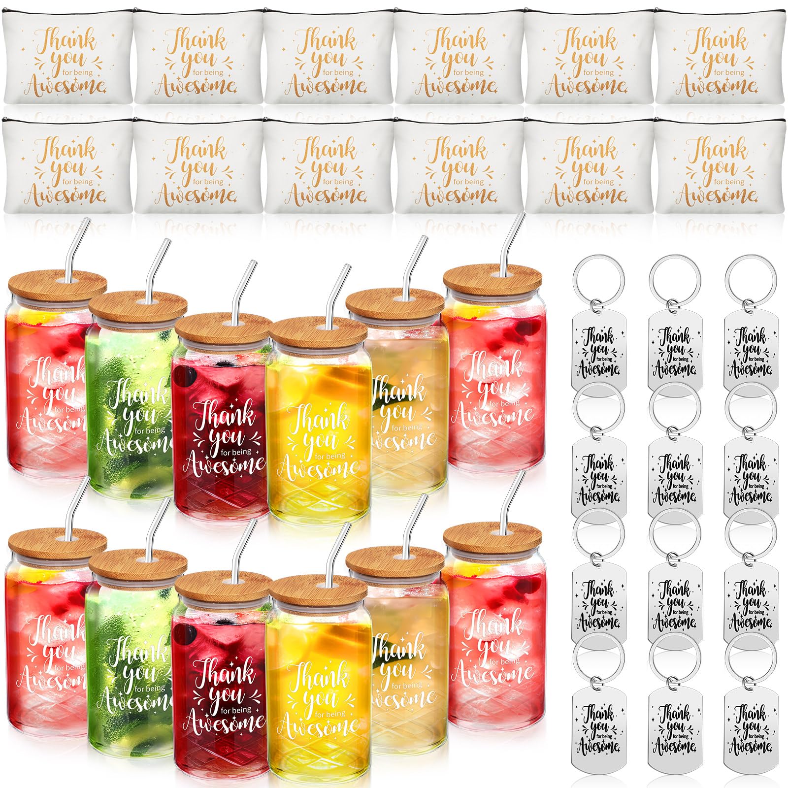 Tioncy 36 Pcs Thank You Gifts Set for Women Appreciation Gifts Bulk for Being Awesome 16 oz Cups with Lid and Straw Inspirational Makeup Bag Keychain Coworker Gifts for Employee (Appreciation)