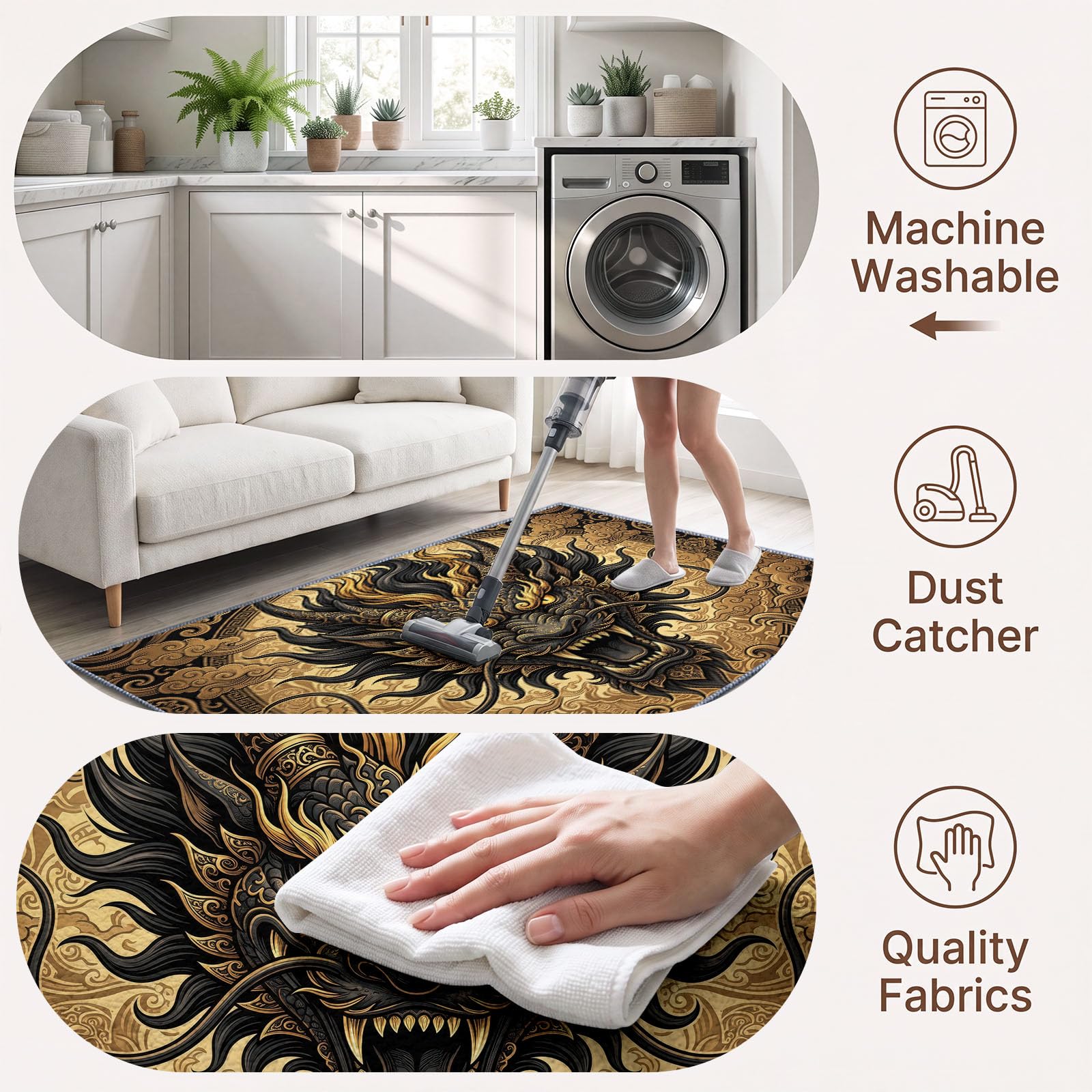 Tête Dragon Noir Nuages Fastes Tapis Salon Antidérapant Lavable 140x200cm
