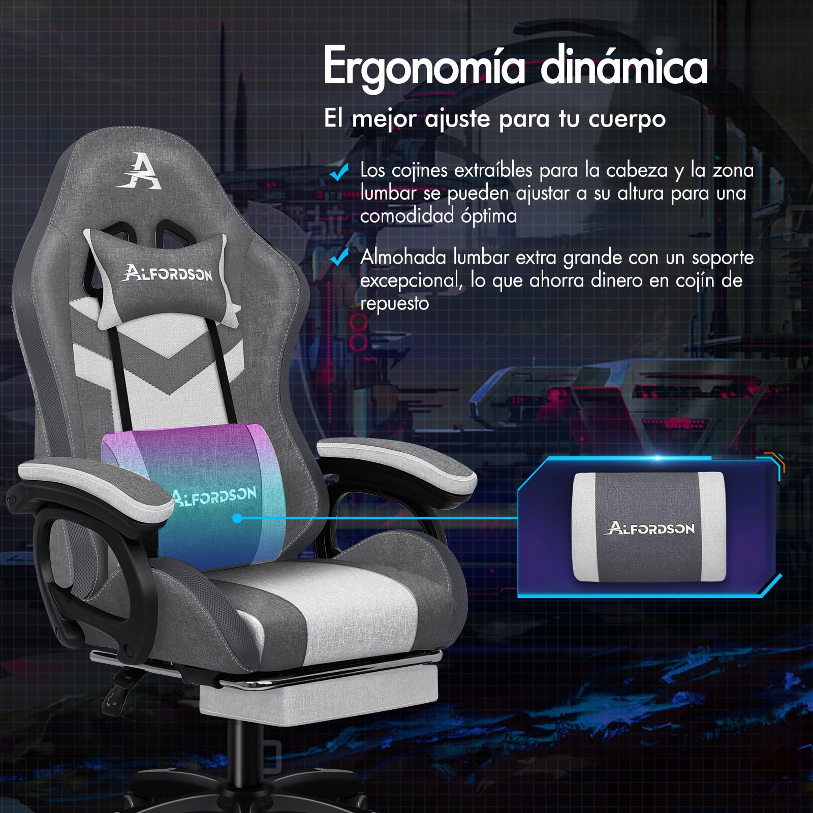 ALFORDSON Silla Gaming con Masaje y LED, Silla Gamer Ergonómica con Cojín Lumbar y Cervical, Reposapiés Telescópico, Iluminación para Ordenador, Videojuego, Juegos, Oficina, Lino(Gris con Splicing)
