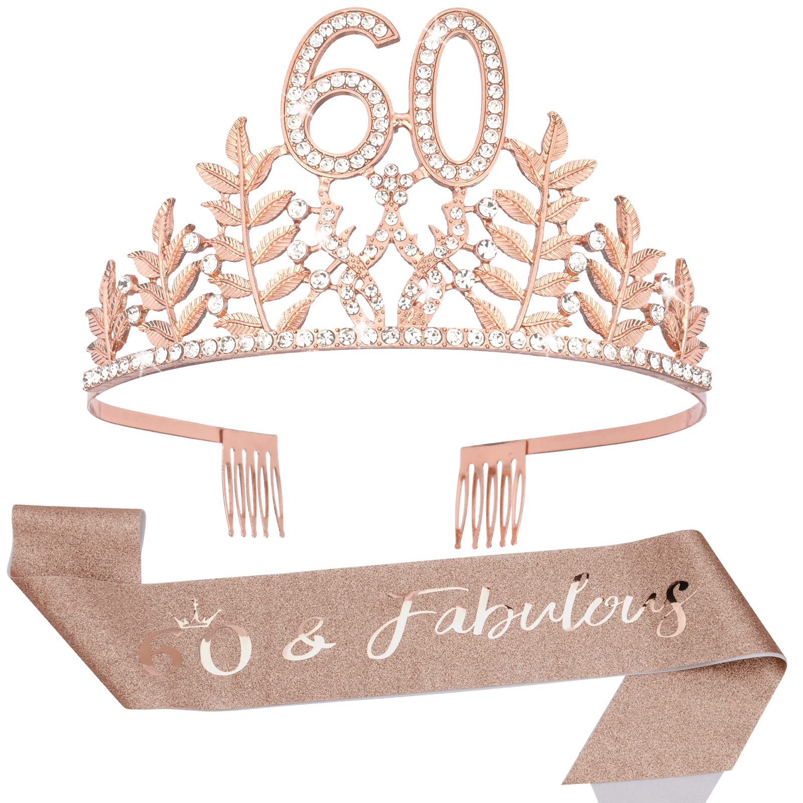 Padorul 60th Birthday Crown and Sash Set, Rose Gold Leaf Tiara with Comb, Rhinestone Queen Headband & 60&Fabulous Sash, Sparkly Party Accessories for Women 60th Birthday Celebration