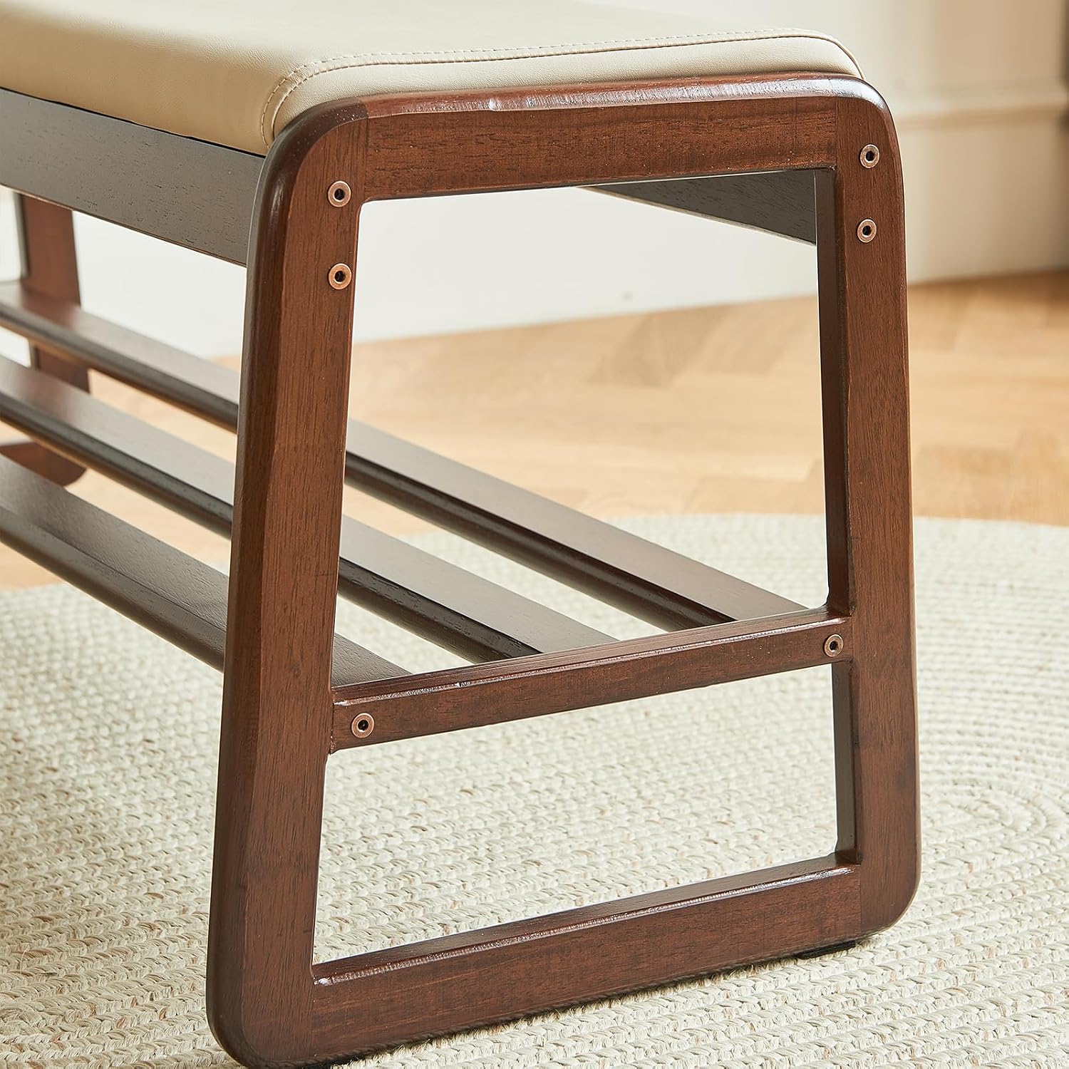 Solid Wood Shoe Bench, 2-Tier Wooden Storage Entryway Bench, Mid-Century Modern Shoe Bench Rack, End of Bed Bench with Faux Leather Cushion, Ottoman Bench for Hallway, Living Room (Cream Grey 31.5'')