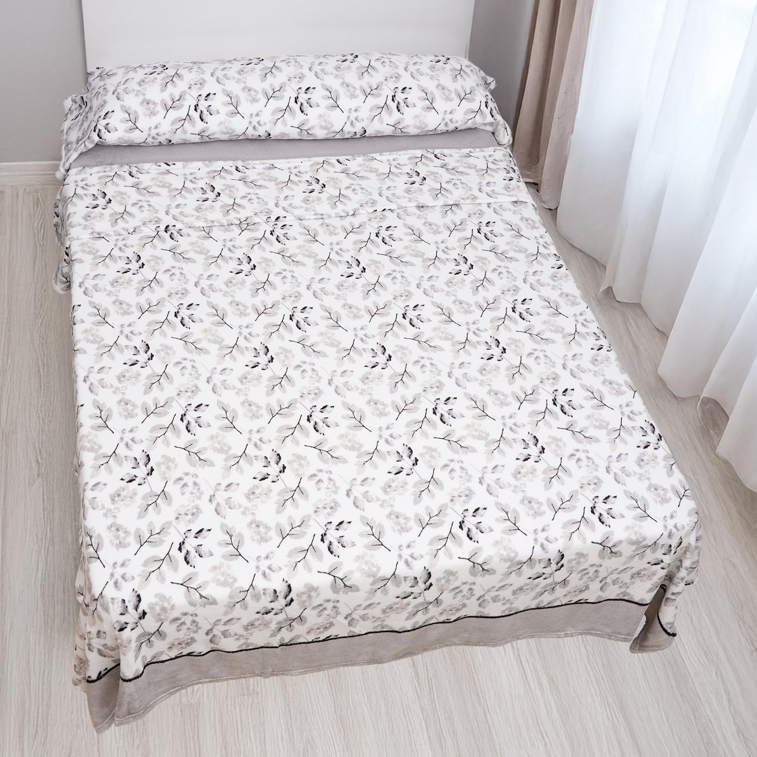 H HANSEL HOME Juego de Sábanas de Coralina Térmicas para Invierno - Cama 135, 3 Piezas: Funda de Almohada, Bajera Ajustable y Encimera - Suaves y Calentitas, Hojas Gris