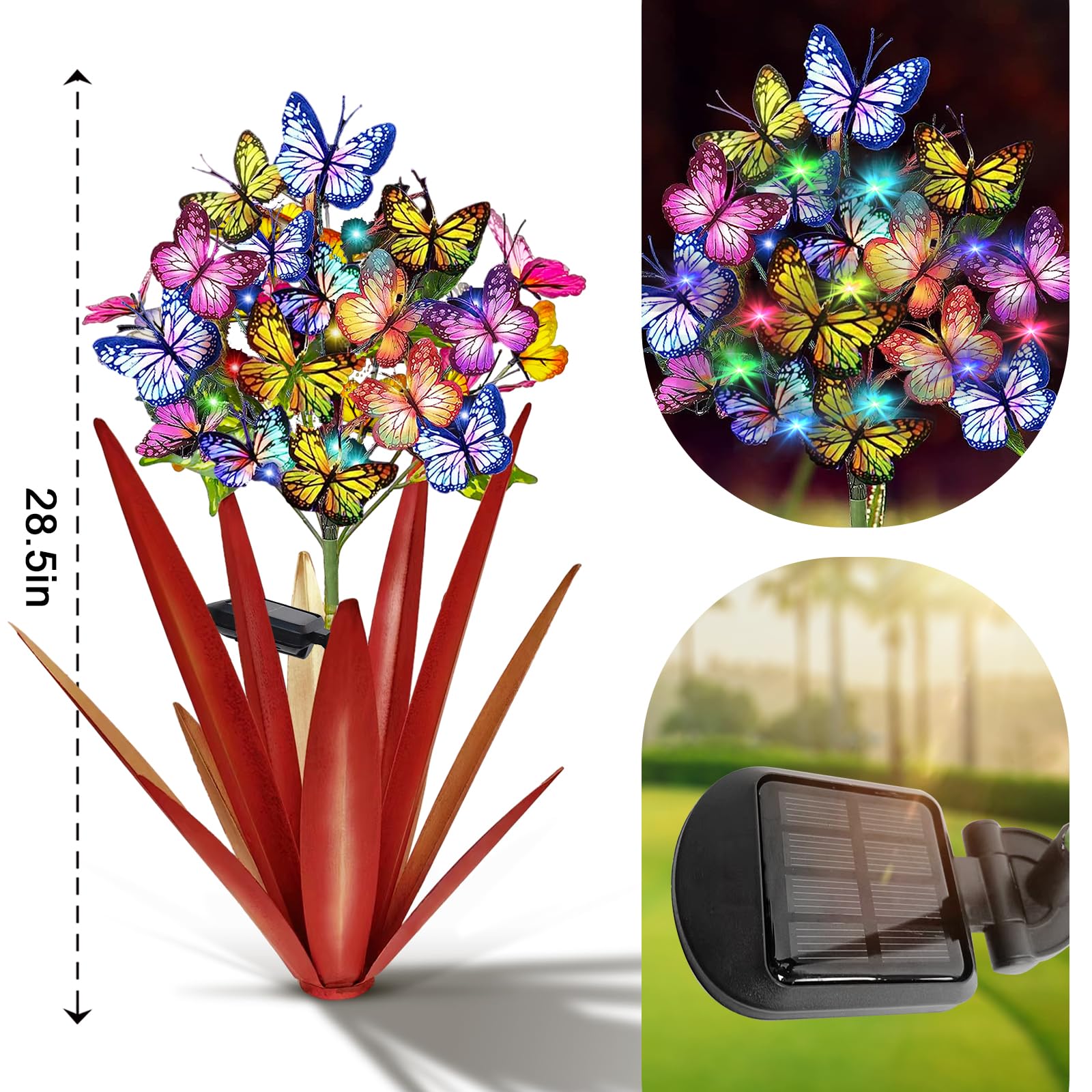 Homight Solar Metall Agave Schmetterling Blume Stick Garten Skulptur – Outdoor Weihnachtslichter, schwingende Solarleuchten Geschenk (2 Stück rot)