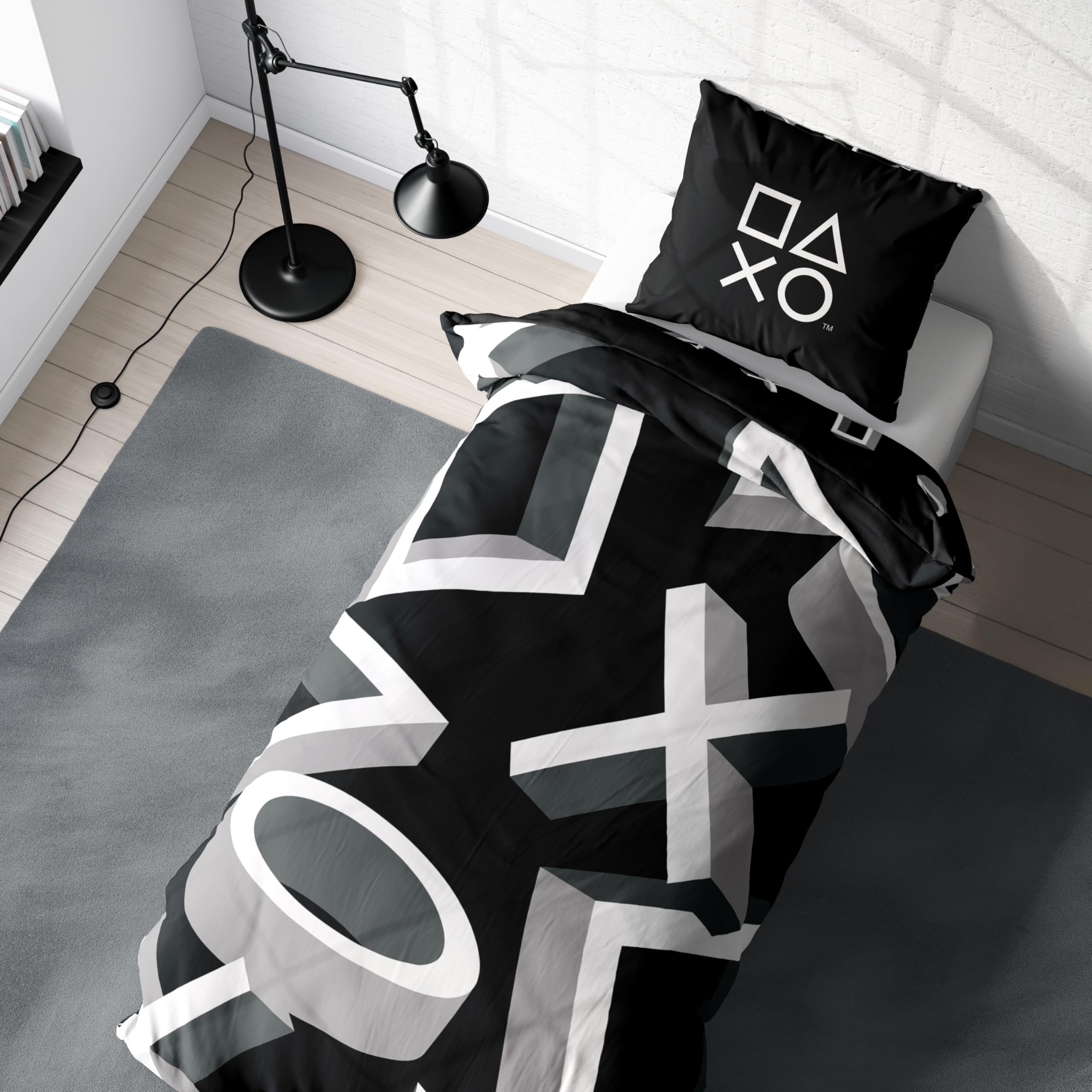Playstation Bed Linen 135 x 200 cm - Teenager Gaming Gift Idea, 1 x Pillowcase 80 x 80 cm + Duvet Cover 135 x 200 cm, with Zip - Reversible Motif - Playstation Icons Fan Item Teenager Gift โ image 1