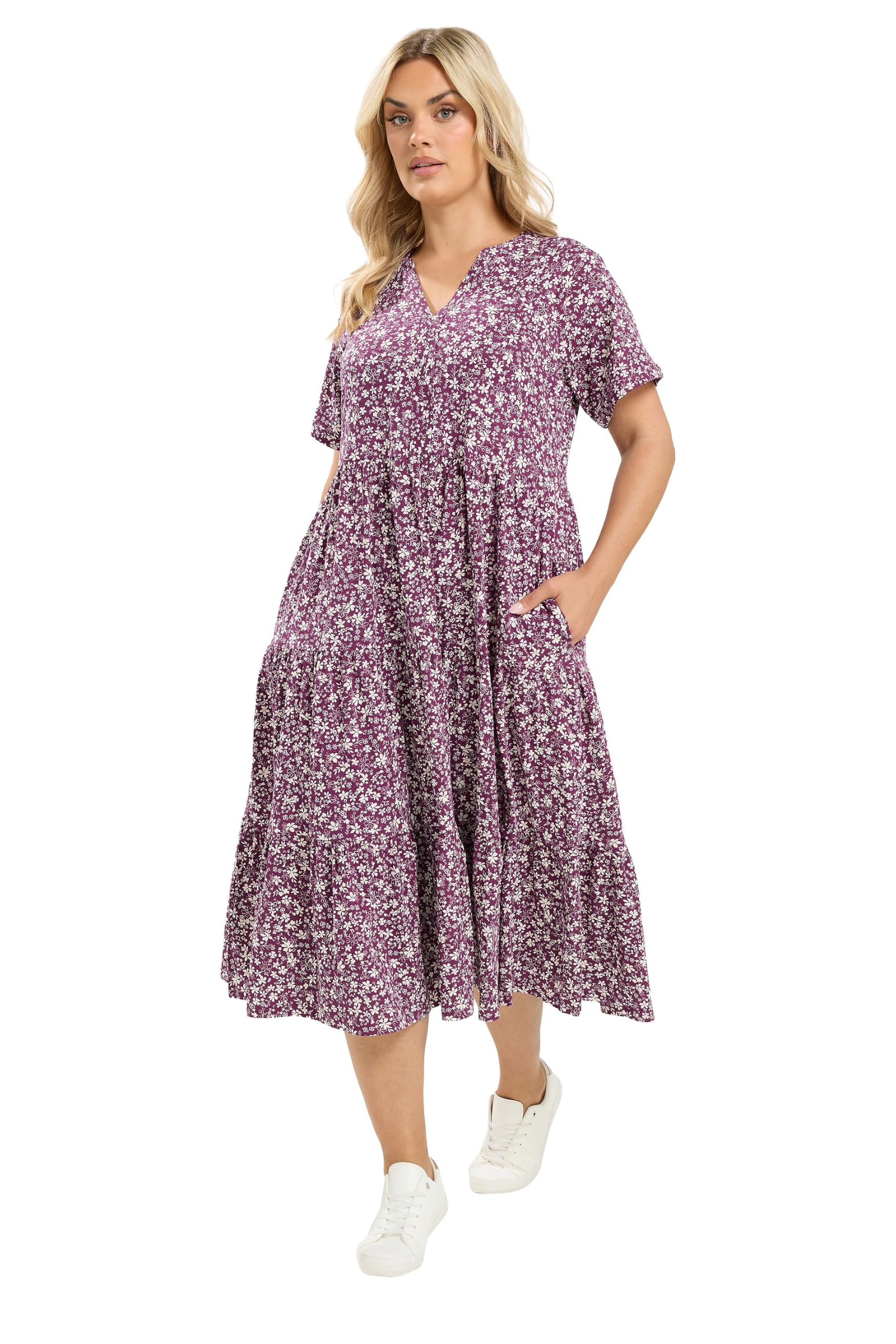 Yours Women's Purple Floral Tiered Dress In | : 22/24