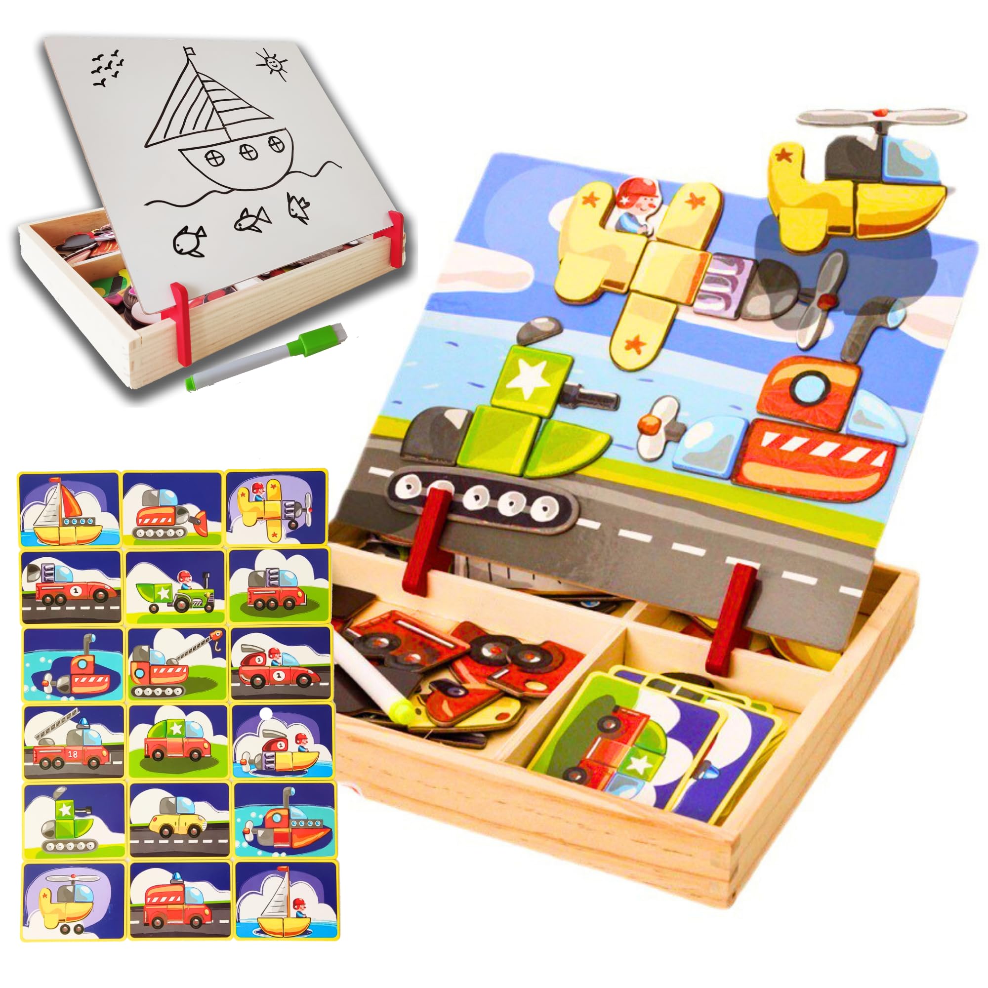 RIMAFI wooden magnetic puzzle board for kids 3 years or more. 2 games in one, puzzle with pattern cards and free drawing whiteboard. Educational jigsaw game, Montessori