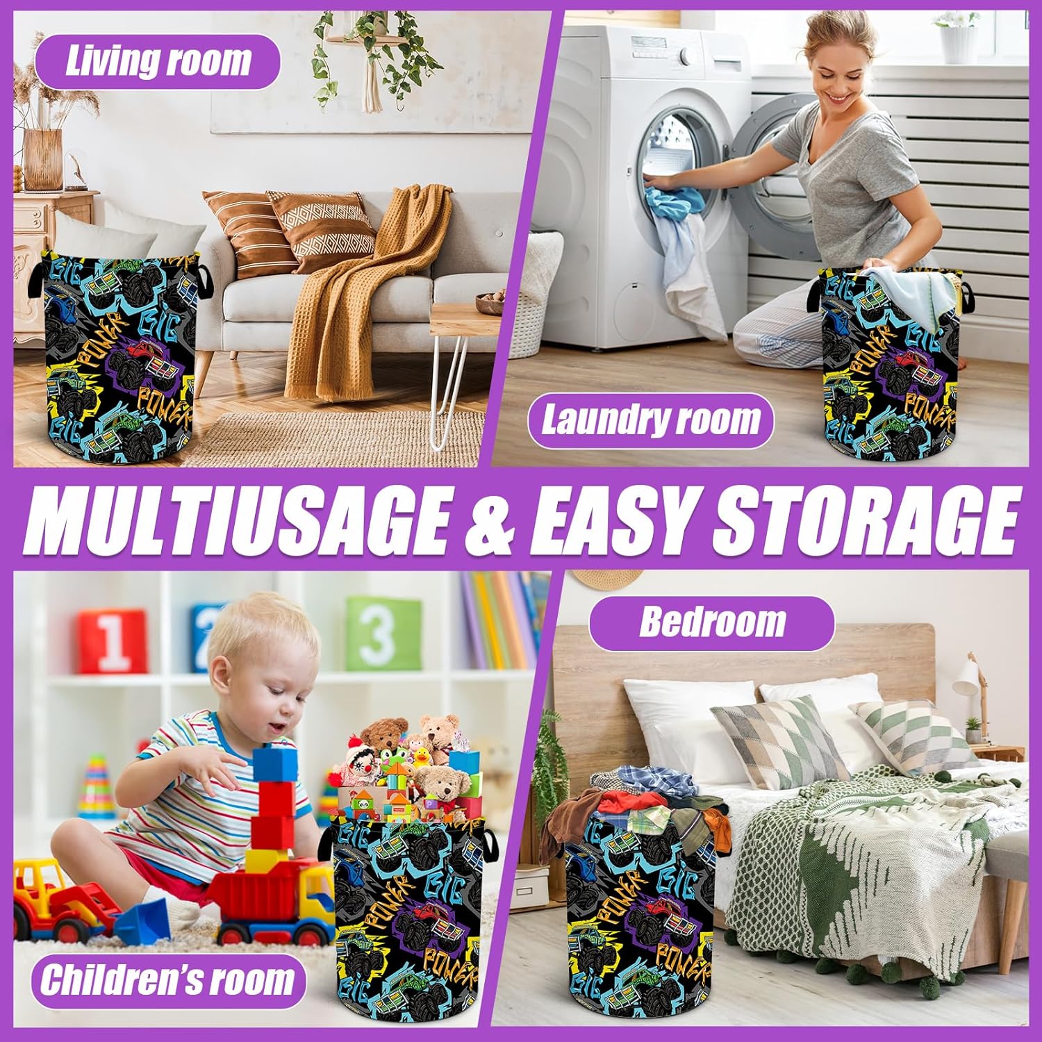 Monster Truck Laundry Basket Foldable Cool Car Laundry Hamper Tote Bag Storage Bucket Toy Organizer for Bathroom/Laundry/Bedroom（19.6x15.7inch）