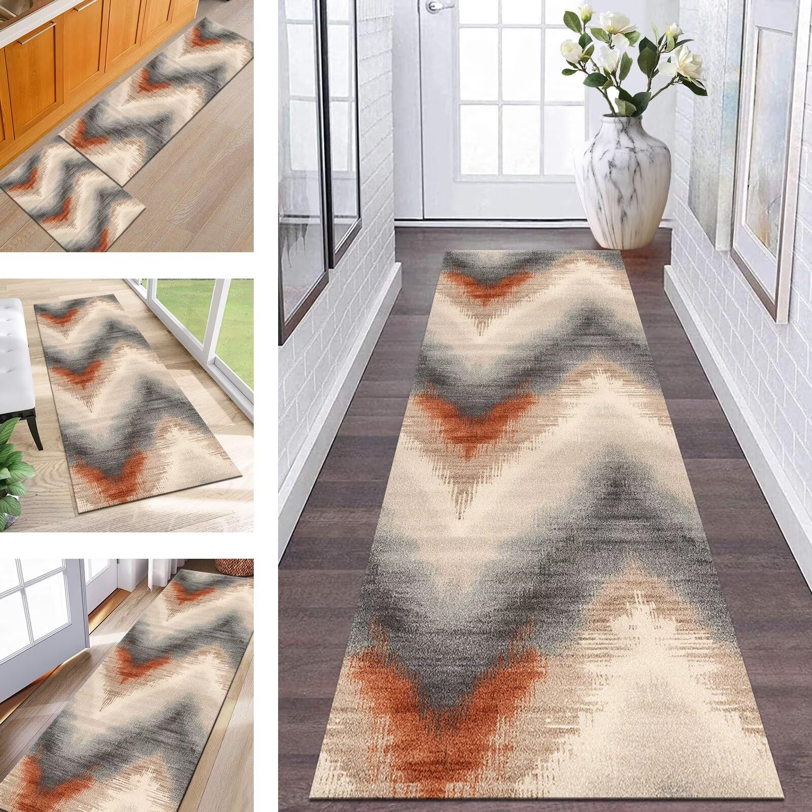 Tapis de couloir 60x500cm marron et vert lavable en polyester pour cuisine et entrée