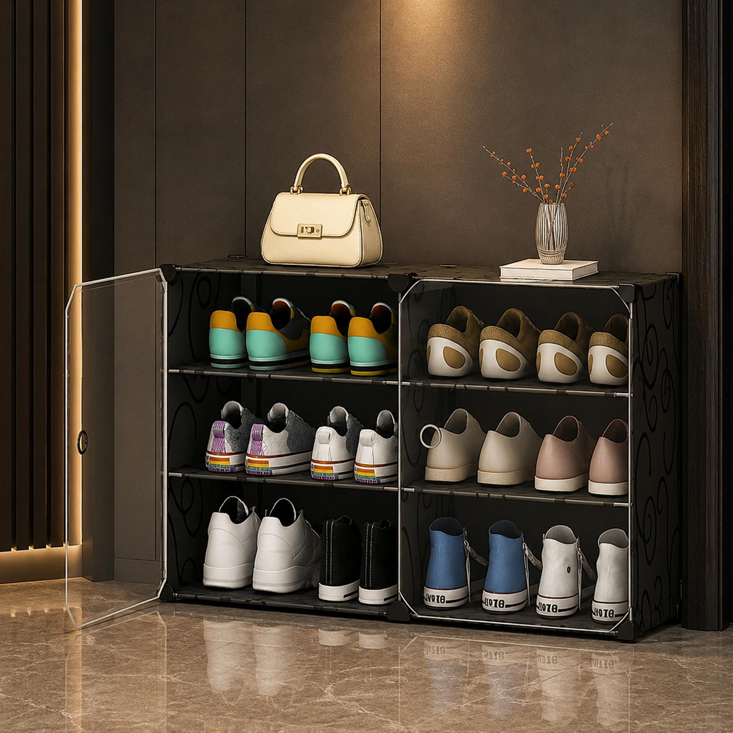 AYSIS Premium Foldable Plastic Shoe Rack for Home, 𝟐 𝐃𝐨𝐨𝐫 𝟔 𝐒𝐡𝐞𝐥𝐟 Shoe Cabinet, Dustproof & Waterproof Organizer, Portable Space Saving Storage for Entryway, Bedroom & Living Room, Black