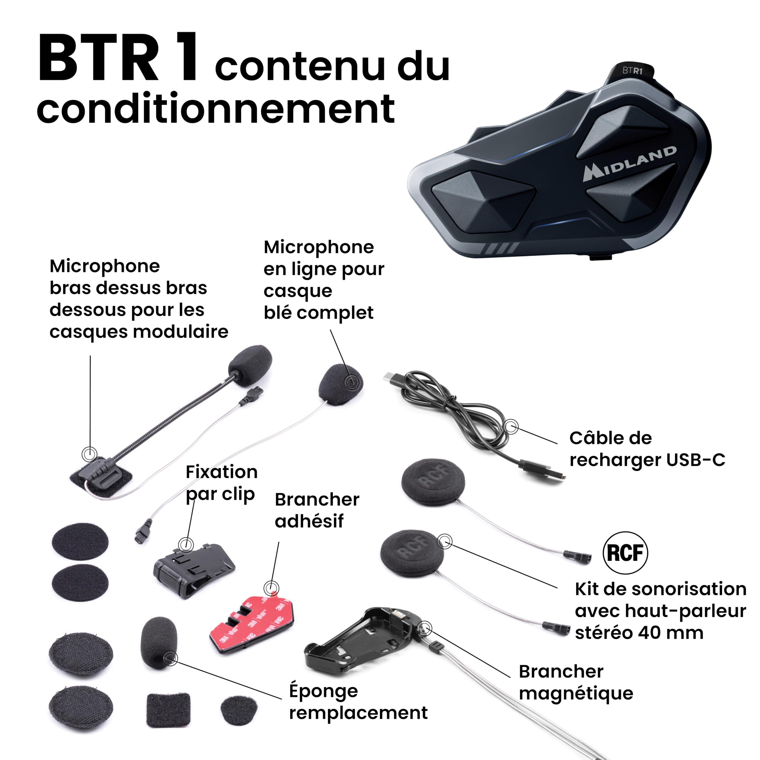 Midland- Intercom Moto BTR1 Individuel, Écouteurs Bluetooth sans Fil Casque Moto Étanche IPX6 Portée 800m, 4 Personnes Conference, Batterie 23H, Parallel Audio Connexion GPS/Musique Conforme ECE 22.06