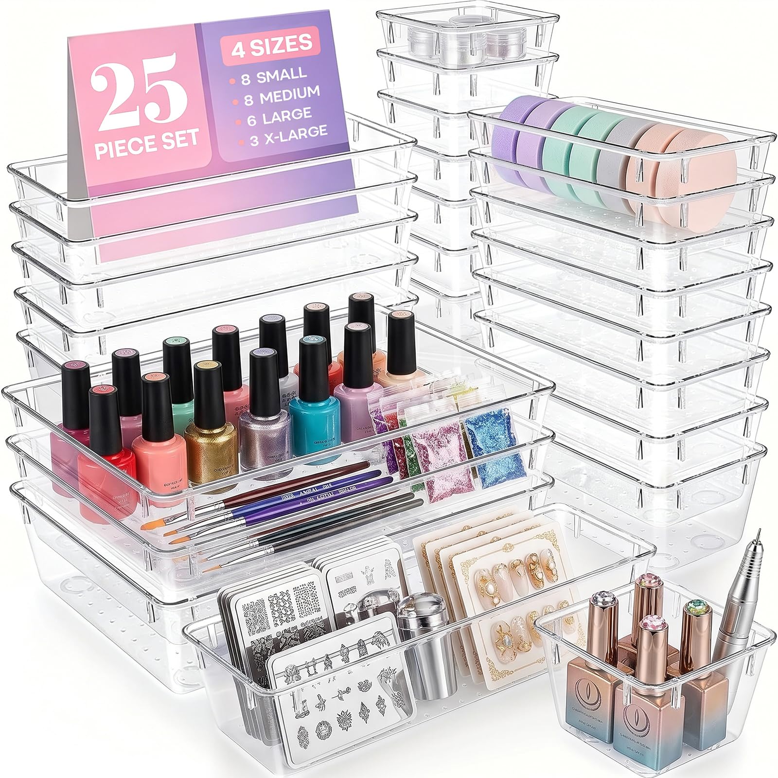 Set di 25 organizer trasparenti per cassetti, 4 dimensioni, impilabili, organizer per cassetti da bagno e scrivania, per trucchi, gioielli, utensili da cucina, forniture per ufficio e piccoli