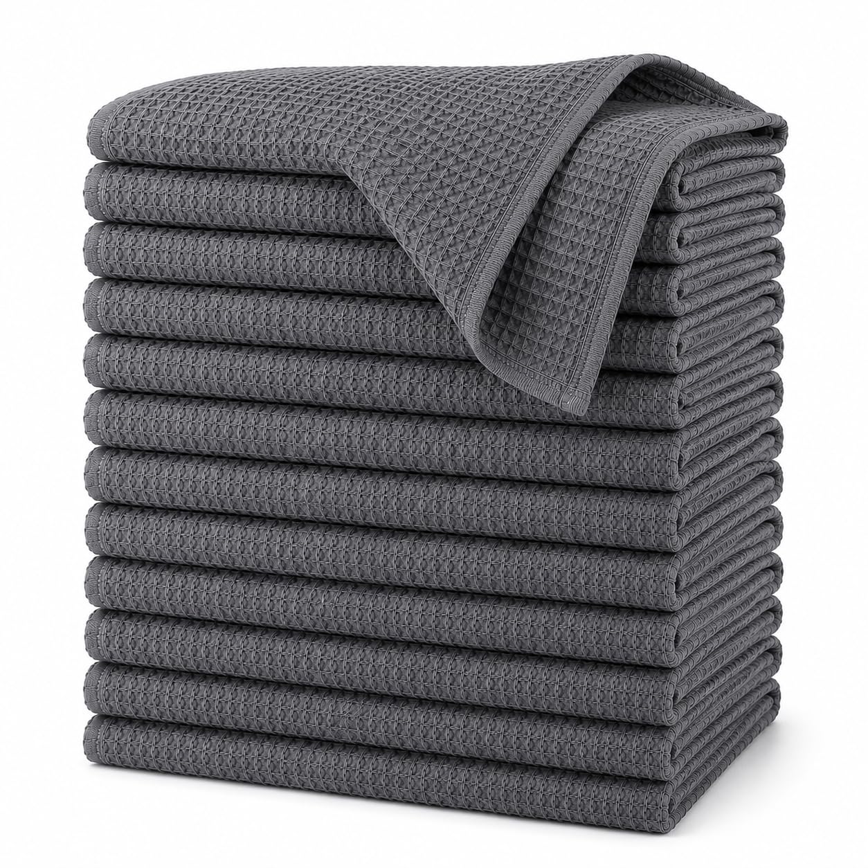 K Collection Premium Waffle Tea Towels 45 x 65cm - Highly Absorbent Quick Dry - Catering Bar Towel with Hanging Loop (Grey - 12 Pack)