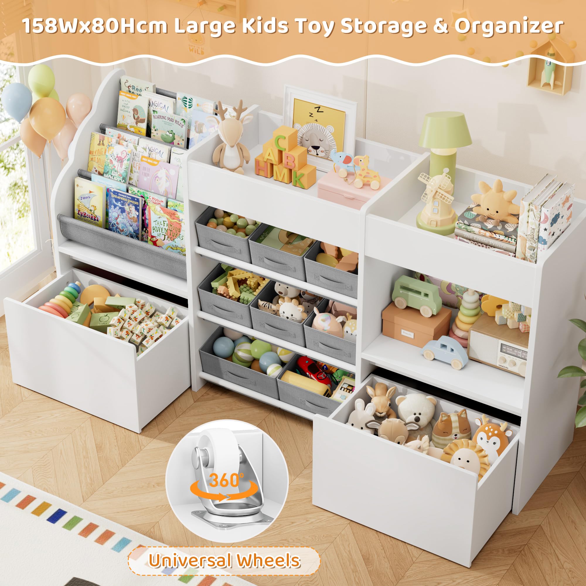 HOCSOK Estantería infantil con 8 cajas con ruedas, estantería para habitación infantil con estantería, estantería para juguetes, habitación infantil, para dormitorio, guardería, color blanco, 158 x 80