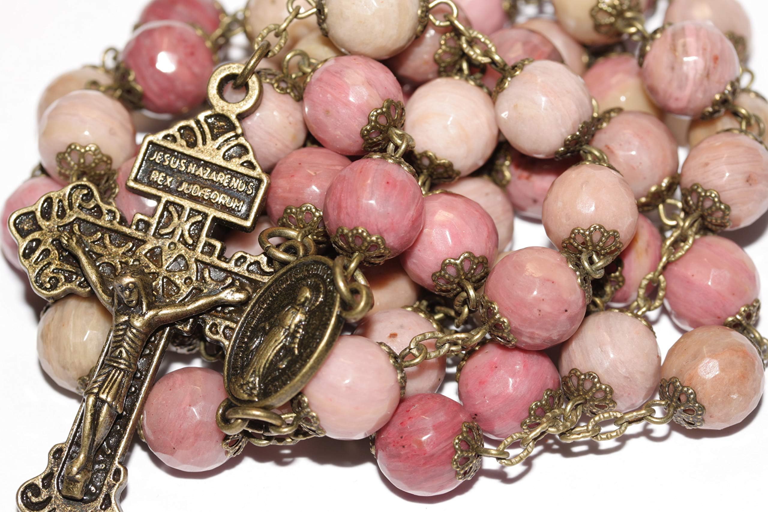 Large Rhodocrosite and Bronze 10mm 5 Decade Bead Rosary made in Oklahoma