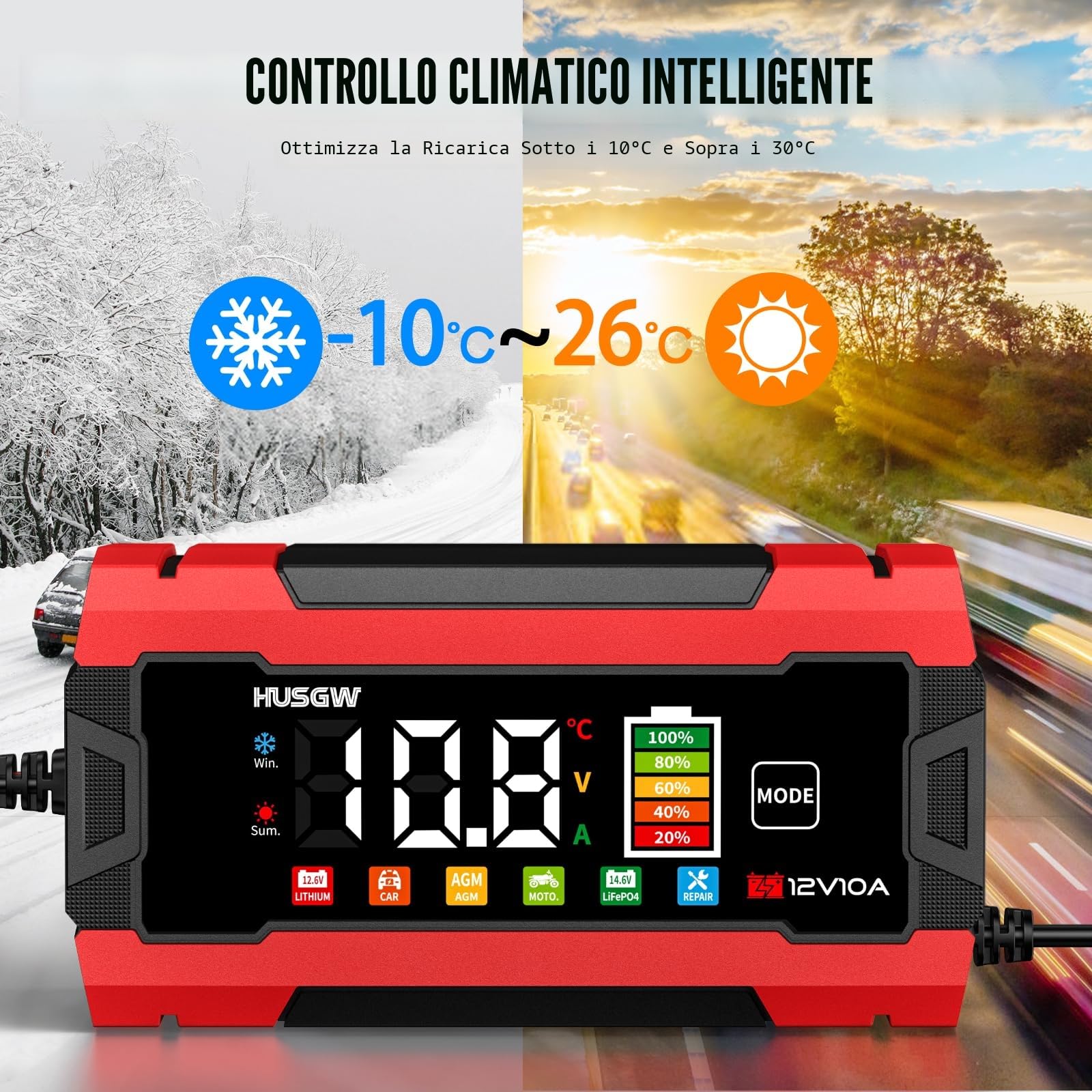 Caricabatterie LiFePO4 12V 10A per Auto Moto AGM GEL Wet SLA Rosso