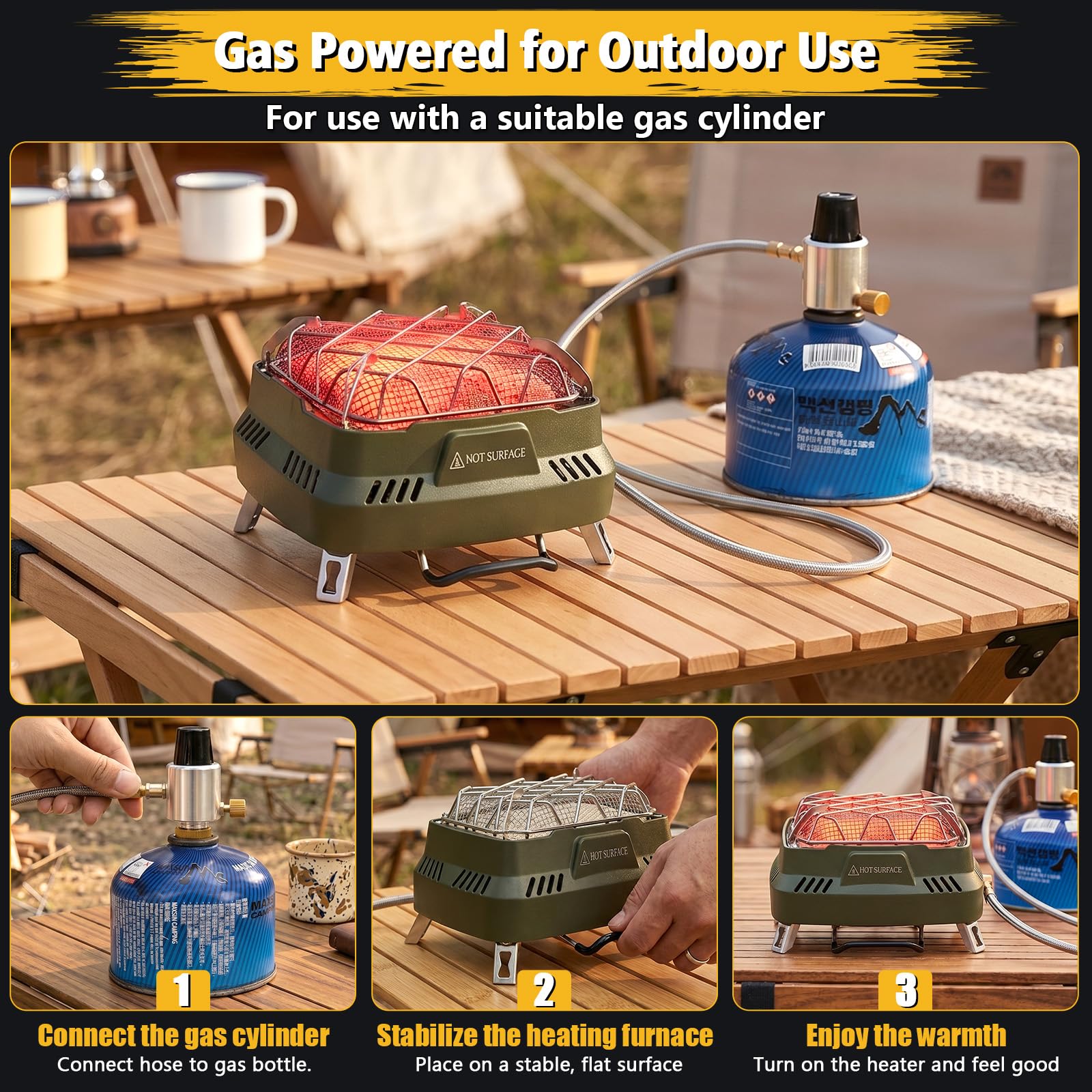 GFTIME Camping Heizung Gasheizstrahler 1100W, Tragbare Outdoor Gasheizung mit Aufbewahrungstasche, Mini Heizstrahler mit Edelstahl-Schutzgitter, manuelle Zündung, für Camping Angeln Garten Terrasse