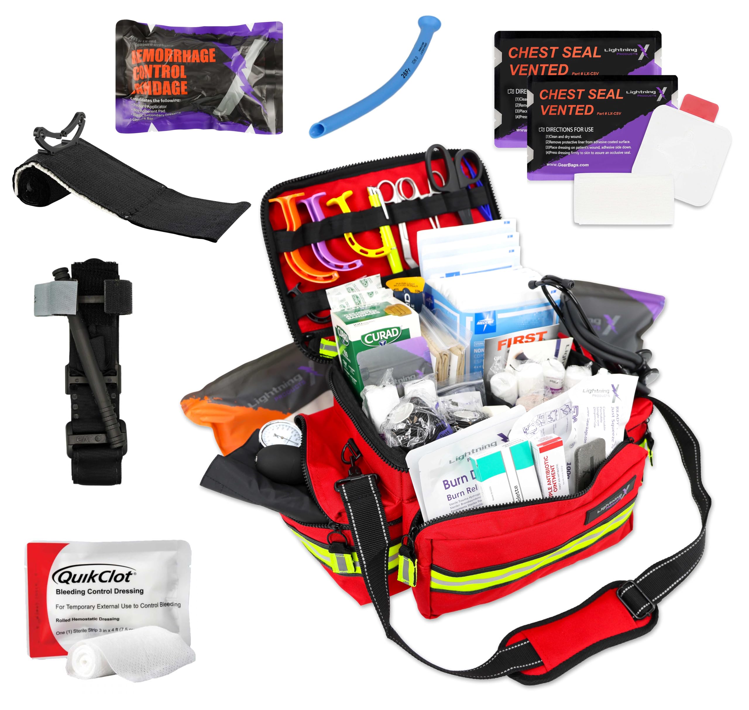Lightning X Mid-Sized First Responder EMT Bag | LXMB25 | Fully Stocked w/ 248+ First Aid Supplies + Trauma Pak w/C.A.T. Tourniquet & QuikClot - RED