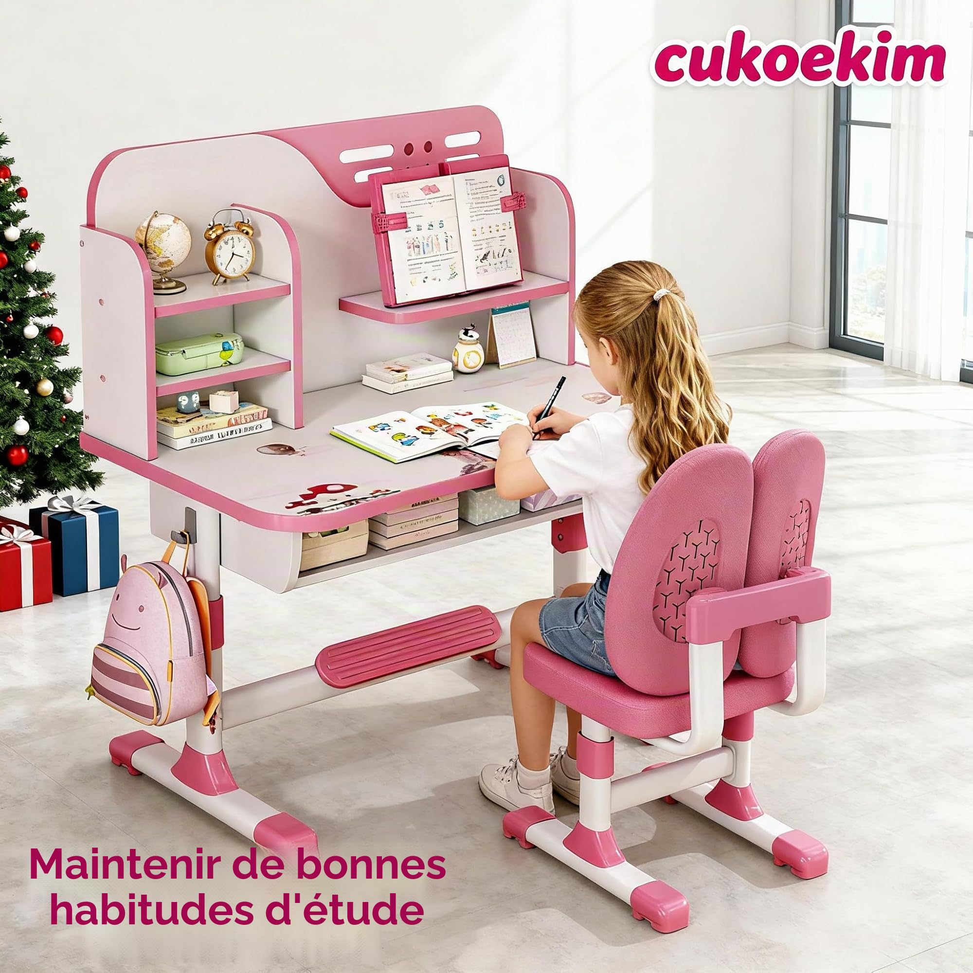 Ensemble de chaises de bureau réglables pour enfants avec table d'étude, bibliothèque et tiroir (rose)
