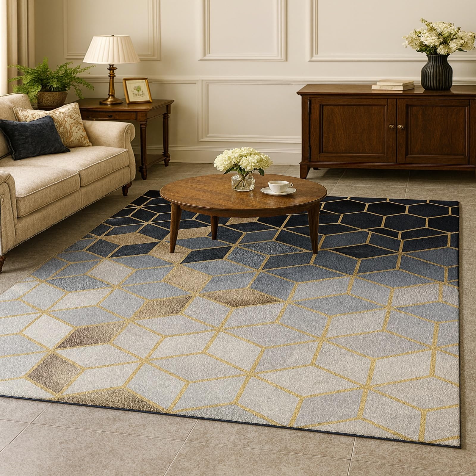 Tapis moderne geometric gris noir jaune 170x200 cm pour salon et bureau