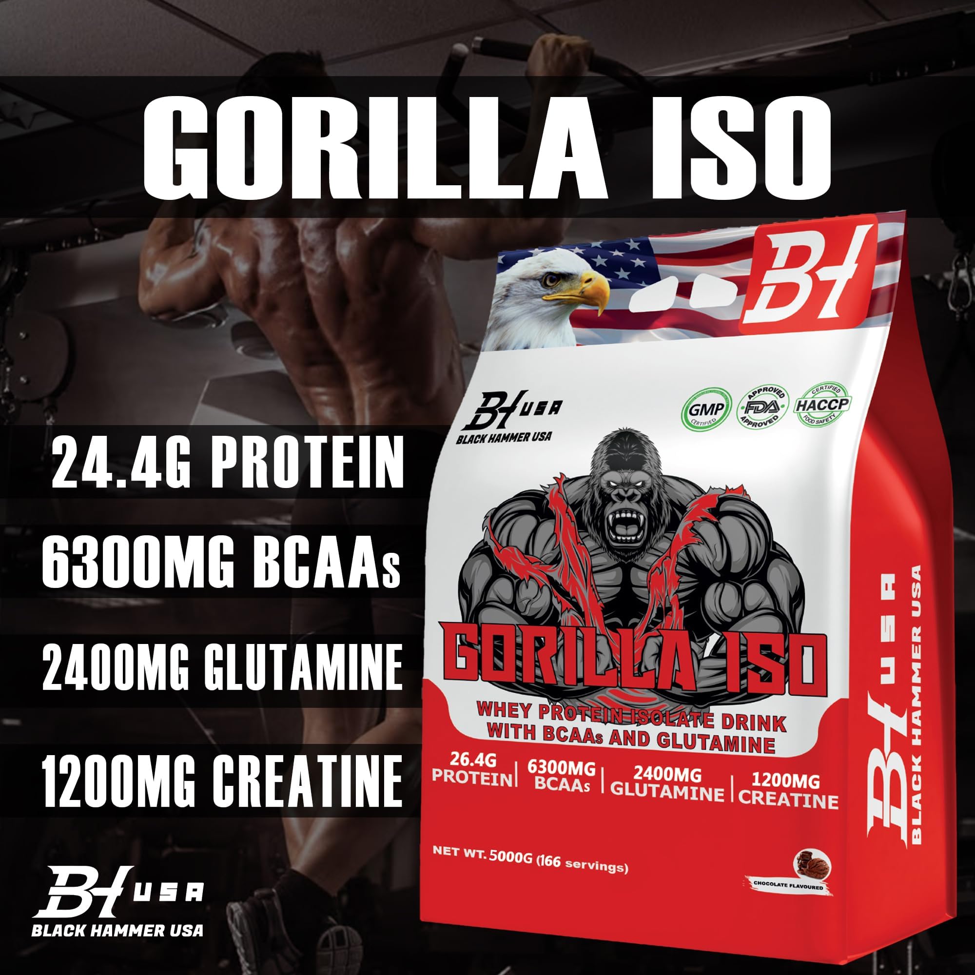 Gorilla ISO Whey Protein Isolat 10 kg (2 x 5 kg) – Banane-Erdbeere & Schokolade – 26,4 g Protein, 6,3 g BCAA, 12,66 g EAA, Kreatin & Glutamin – Black Hammer USA