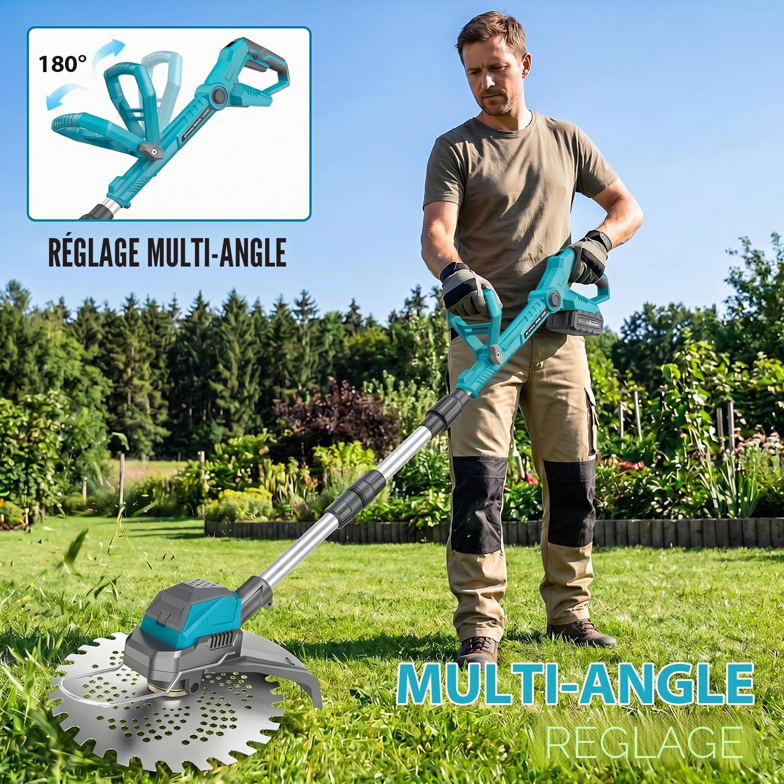 Coupe Bordure sans Fil avec 2 Batterie 4,0 Ah, 21V Débroussailleuse Électrique sans Fil 3 en 1, Moteur Brushless 1000W, 5000 TR/Min, Écran LCD, Télescopique et Pliable pour Jardin et Pelouse