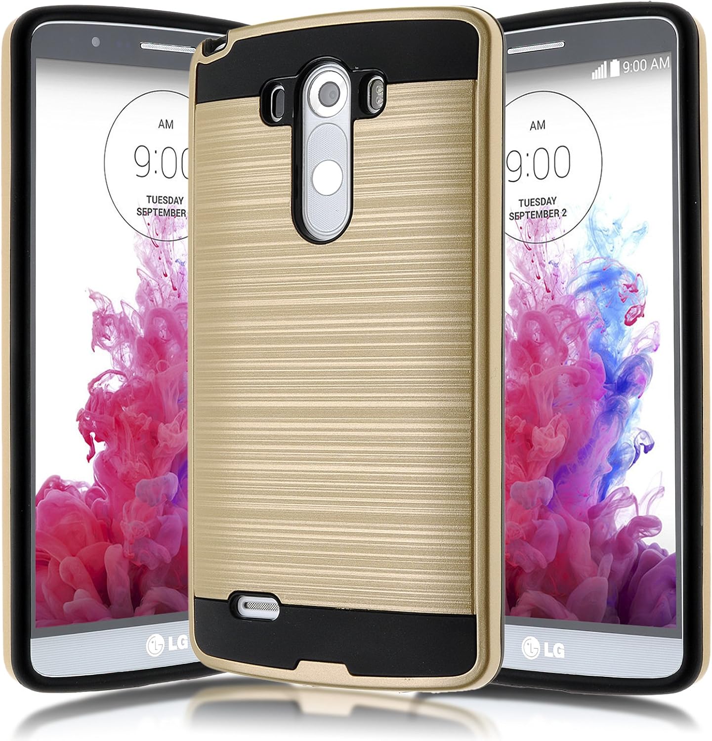 LG G3 D855 D851 Case,Kmall [Brushed Metal Texture] 2in1 Heavy Duty Shockproof High Impact Resistant Durable Full Body [Maximum Drop Protection][Slim Fit] Hybrid Case Skin Cover Shell for LG G3[Gold]