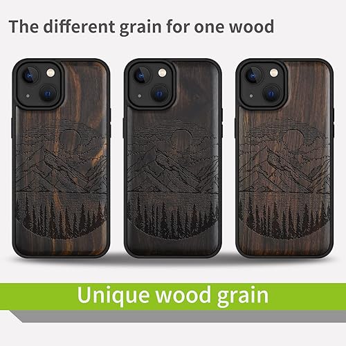 Miniatura 7 de Carveit Funda magnética de madera para iPhone 14 madera natural y poliuretano termoplástico negro suave Funda protectora a prueba de golpes, funda