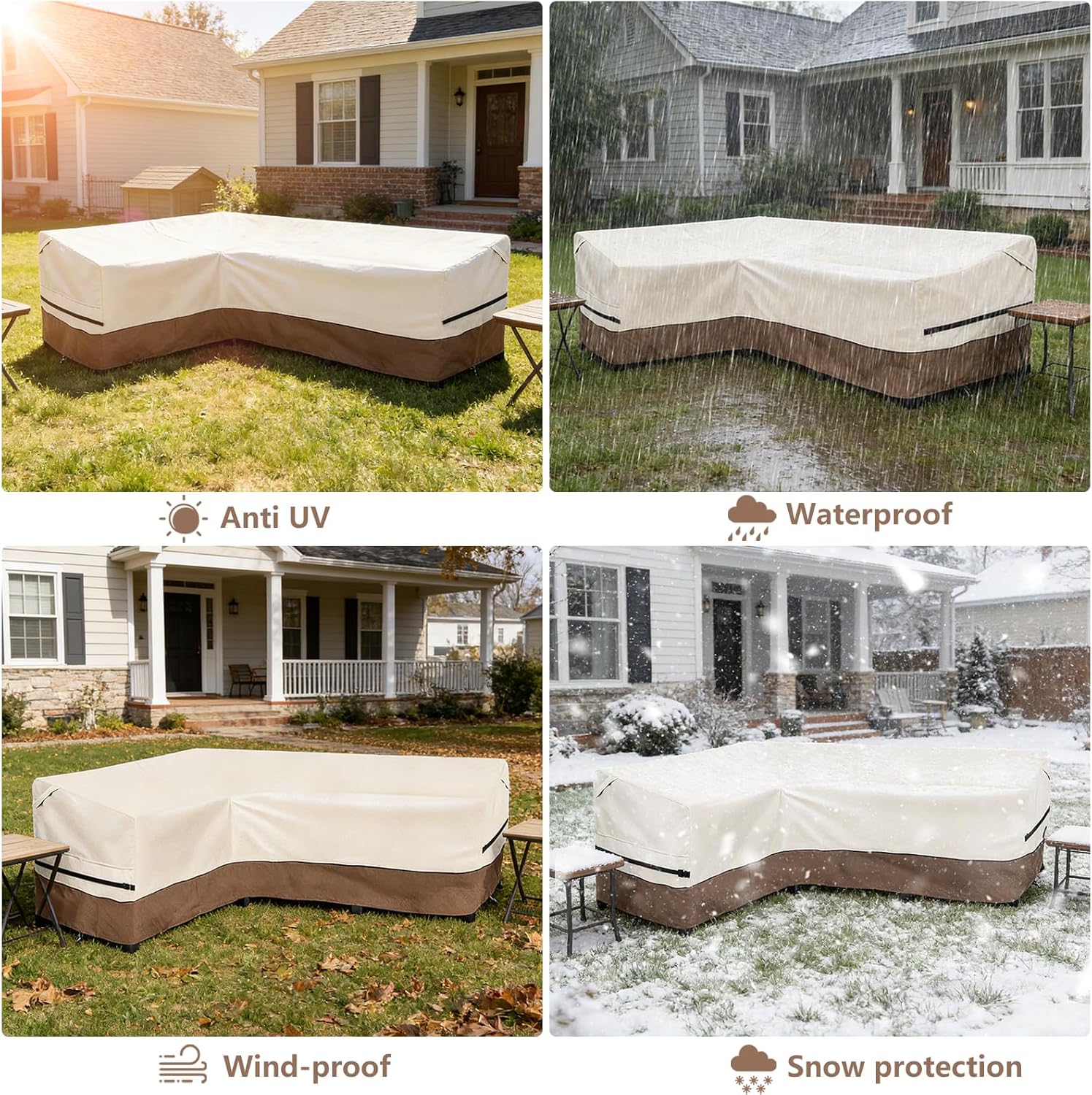 okcool Outdoor Sectional Cover,L-Shaped Patio Furniture Covers for 4-Seater Outdoor Sectional Furniture Couch 58”W (Left Side) x 85”W (Back Length),Beige & Brown