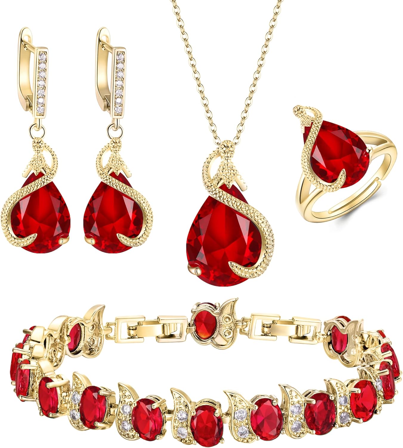 EVER FAITH Wedding Jewelry Set for Bride Bridesmaid, Glamour Teardrop Cubic Zirconia Pendant Necklace Earrings Tennis Bracelet Open Ring Sets for Birthday/Valentine's Day/Mother's Day/Christmas