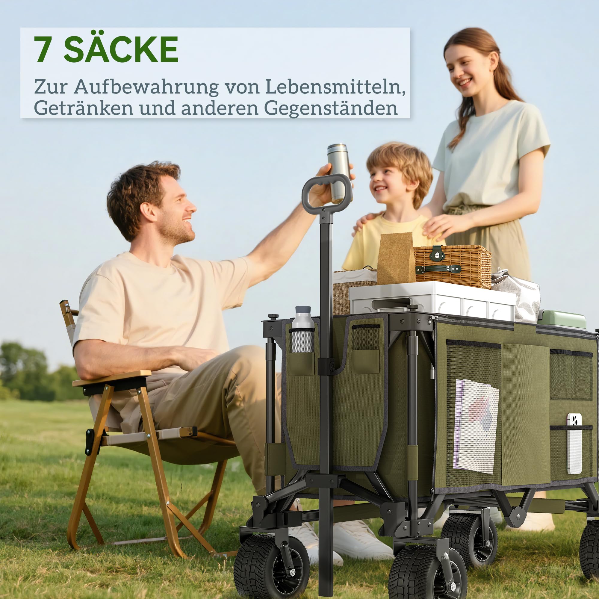 Outsunny Bollerwagen Faltbarer Handwagen mit Verstellbarem Griff Grün | Schwerlast Strandwagen, Taschen, Gartenwagen mit Breiten Drehrädern, Transportwagen bis 120 kg Belastbar