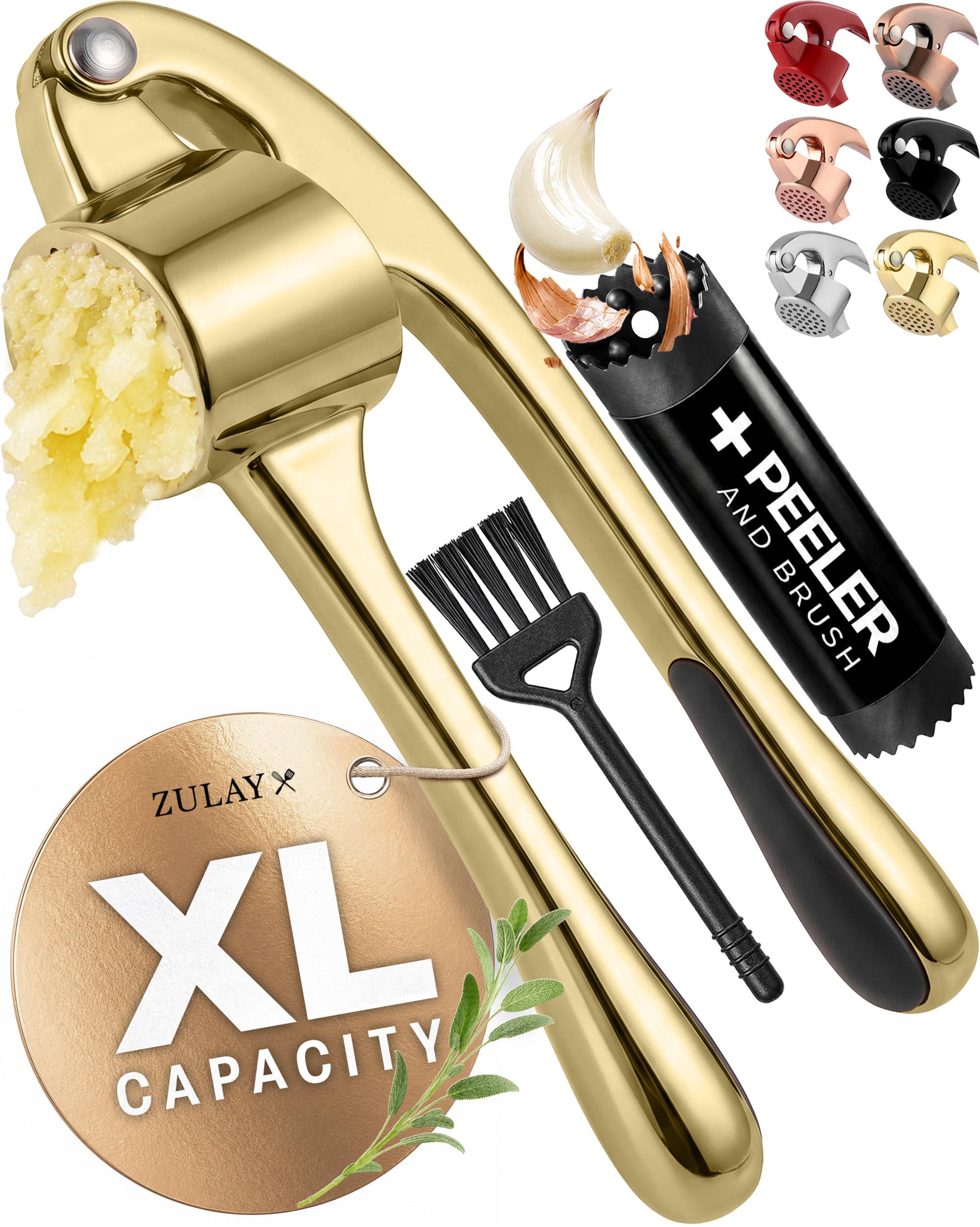 Zulay Kitchen Metal Large Garlic Press, Garlic Mincer, Peeler-Brush, Gold