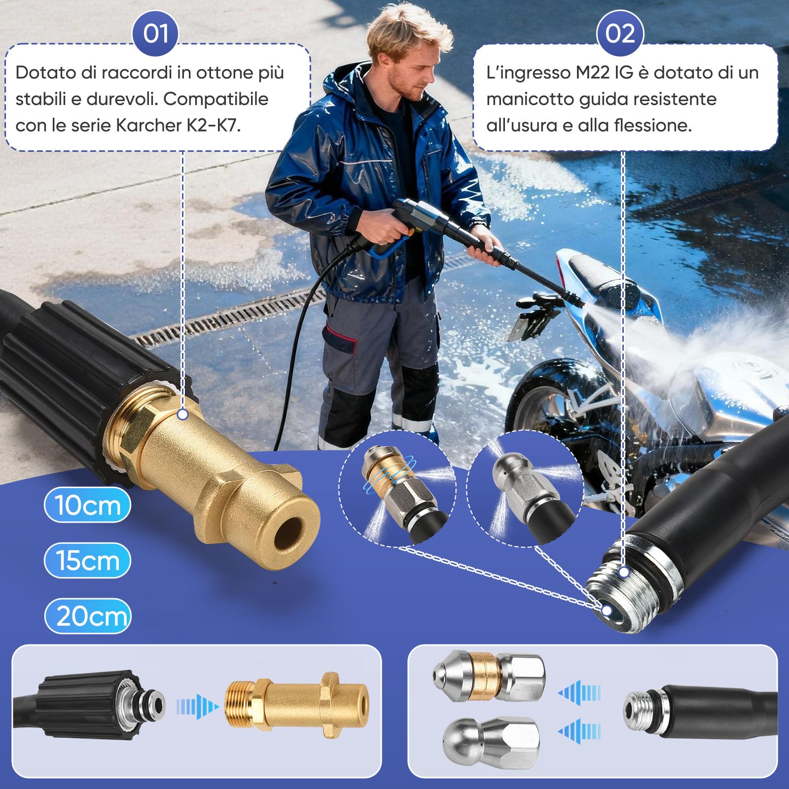 10m Tubo di Sonda Sturatubi Compatibile con Idropulitrici Kärcher K2-K7, CAROD 400 Bar/5800PSI Sonda Spurgatubi Per una Pulizia Facile di Tubi e Lavandini Intasati