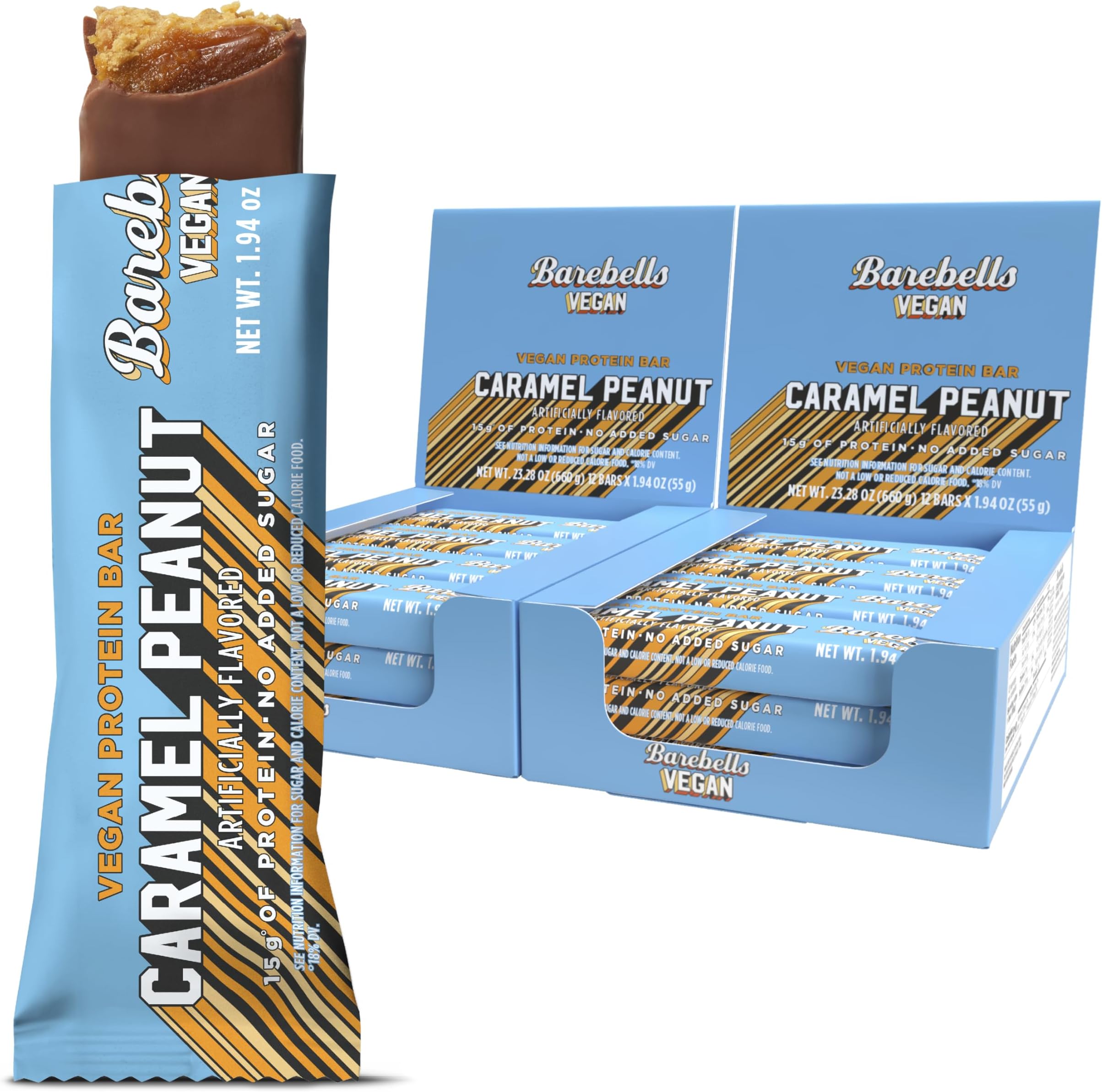 Barebells Vegan Protein Bars Peanut Caramel, Plant Based with High Protein - Chocolate Protein Bars - Perfect on The Go Protein Snack & Breakfast Bars 24 Count (Pack of 1)