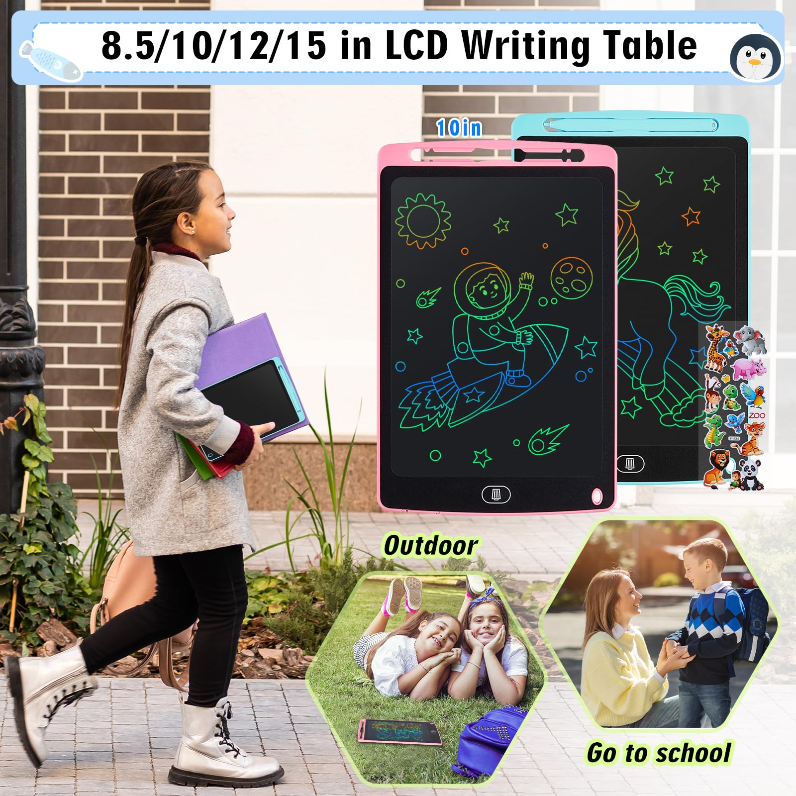 2 Pack Tablette D'écriture LCD 10 Pouces,LCD Tablette Dessin avec Ecran Coloré,Bloc D'écriture Effaçable avec des Autocollants D'animaux,pour Garçons et Filles de 3 4 5 6,Bleu + Rose