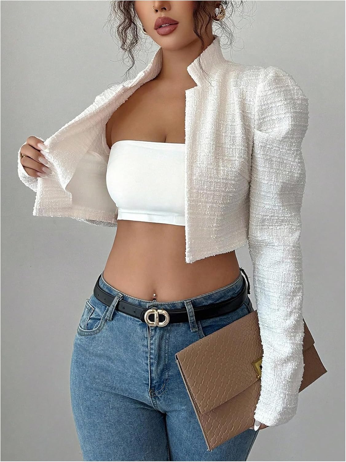 Floerns Women's Elegant Long Sleeve Cropped Blazer Open Front Textured Knit Business Casual Suit Jacket - Image 5