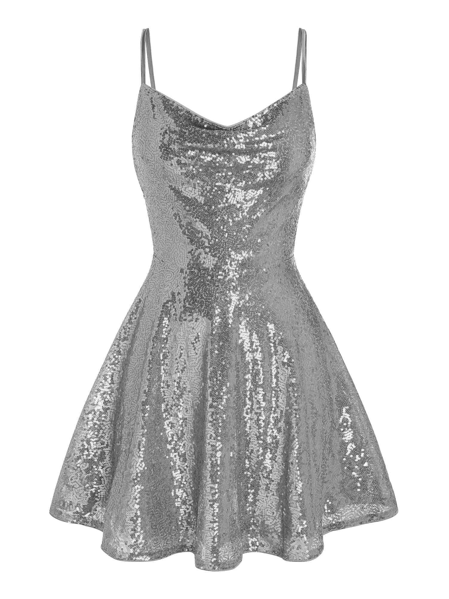 ZAFUL Women's Sparkling Glitter Sleeveless Slimming Dress Elegant Cowlneck Style, Waist Cinching Design, Dual Shoulder Straps, Lace Up Back, Disco Inspired, Graduation Evening Gown