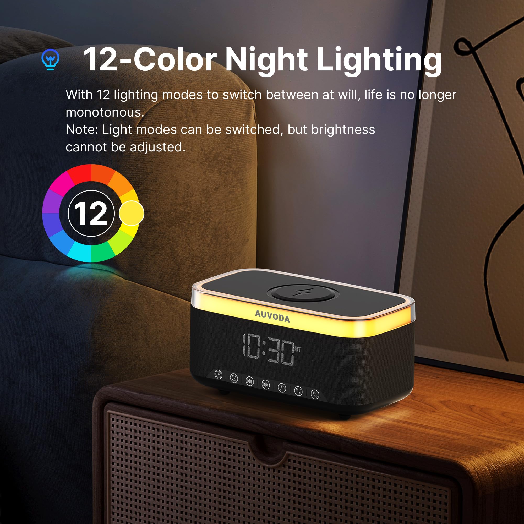 Altoparlante Bluetooth S300, altoparlante wireless portatile con ricarica wireless da 15 W, luce notturna a 13 colori, sveglia, stereo da 16 W, TWS, BT5.3, per smartphone, PC, computer, casa