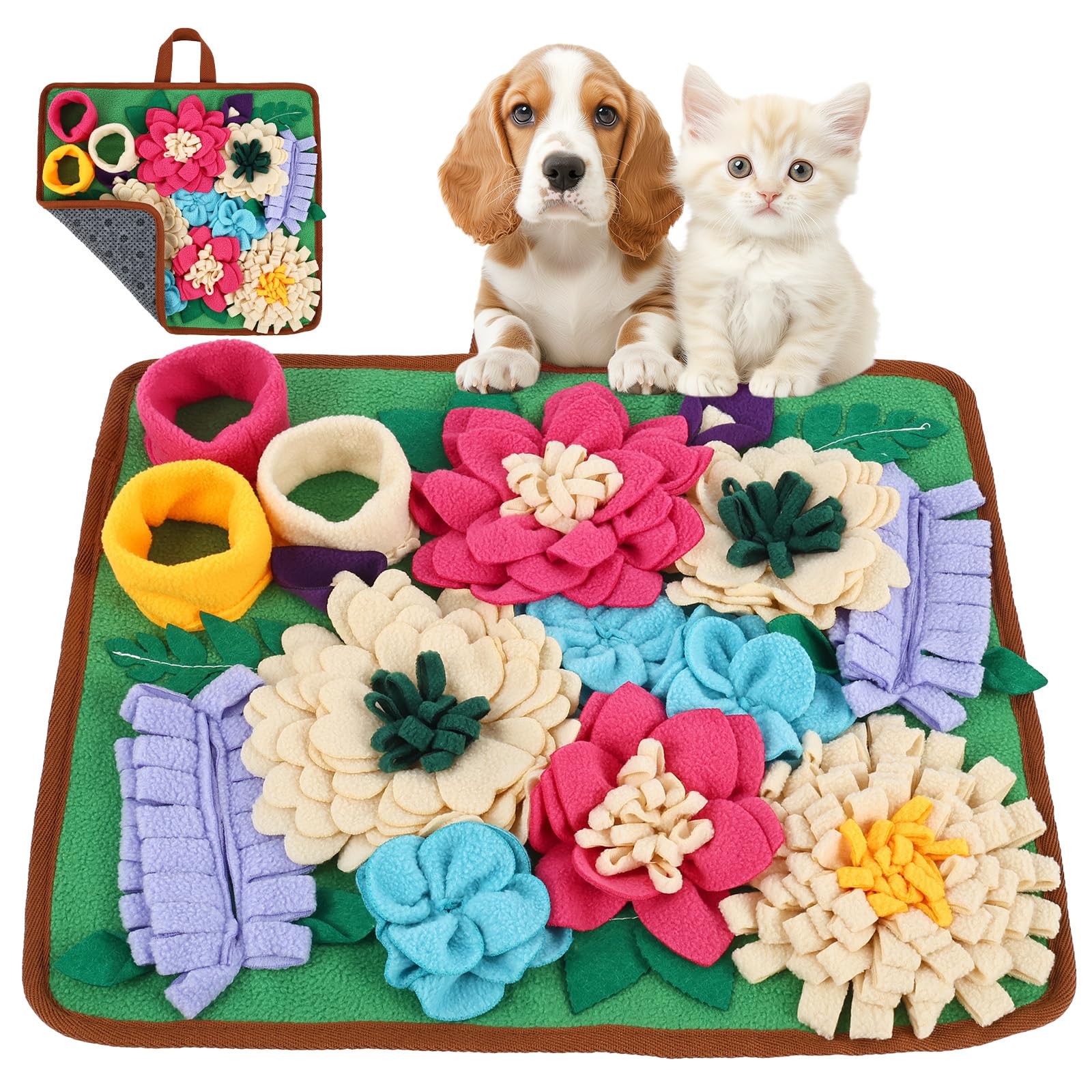 Snuffle Mat for Dogs, Puppy Slow Feeding Snuffle Mat with Handle Non Slip Bottom Stimulate Natural Foraging Instinct Relieve Boredom for Hamster Rabbit Cat Small Medium Dog 39x34cm(green)