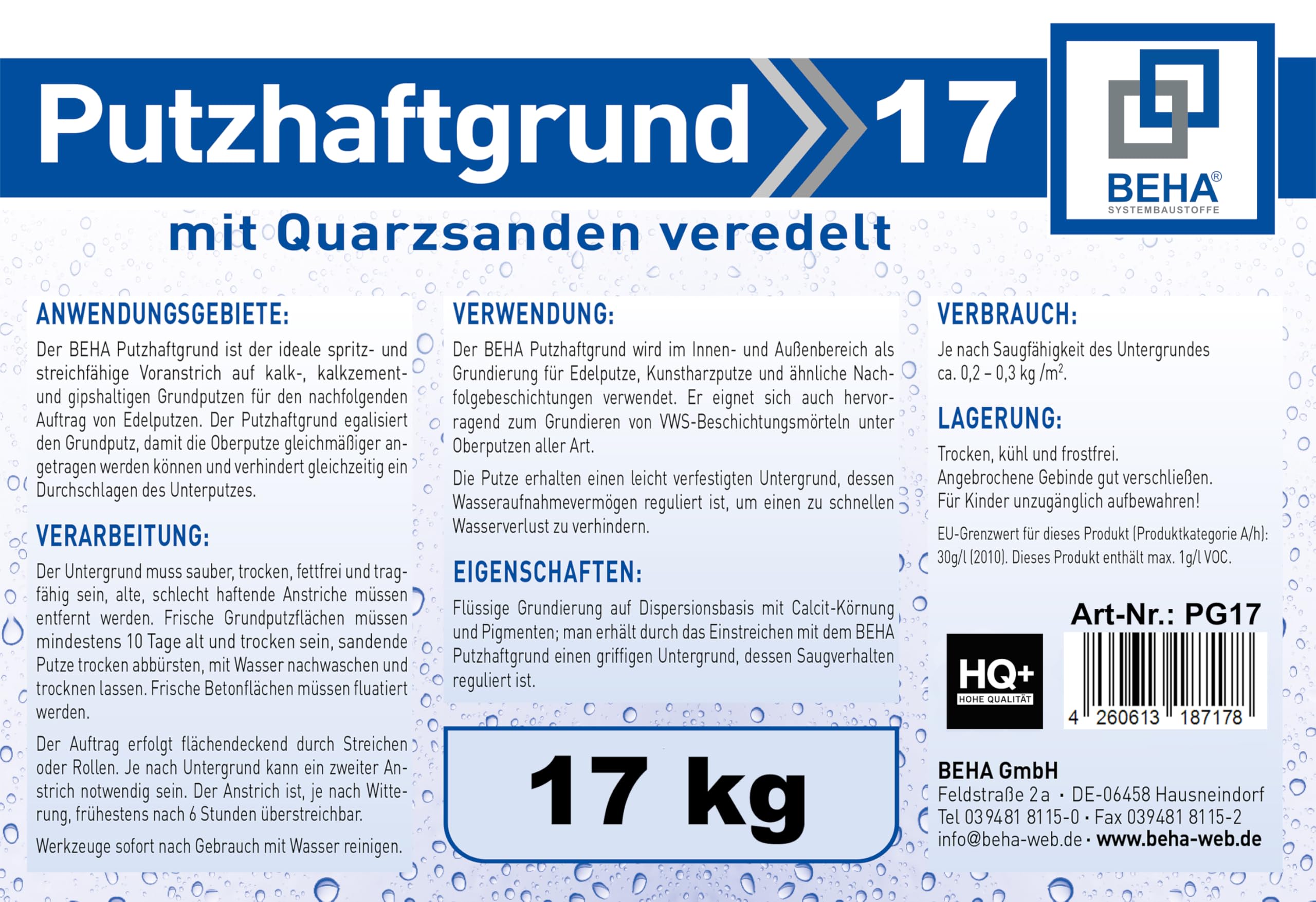 BEHA Putzhaftgrund PG17 Quarzsand Grundierung Putzgrund 17kg Quarzgrund Voranstrich