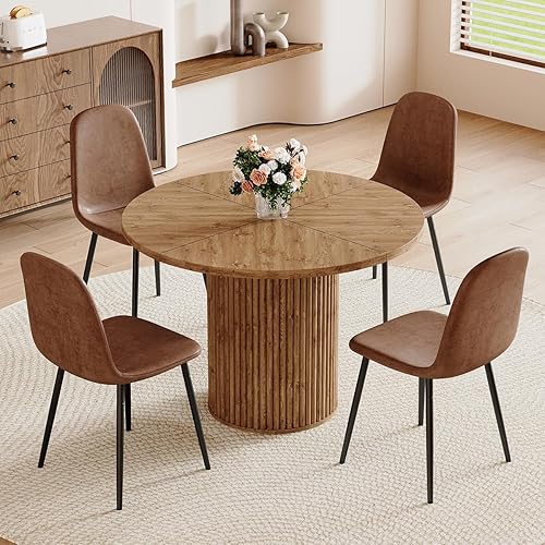 Miniatura 20 de Juego de mesa de comedor redonda para mesa de comedor de madera acanalada de 4,42 pulgadas para 4 con pedestal cilíndrico, juego de mesa y sillas de