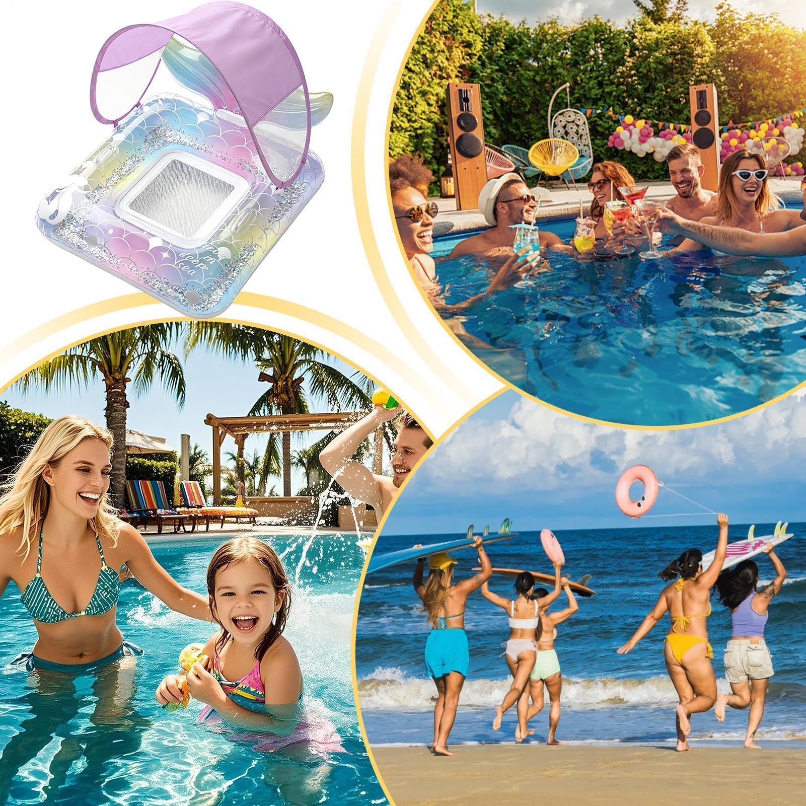 Flotador de piscina con toldo de , hinchable, protección solar portátil | Bonita balsa inflable para el parque acuático, las vacaciones, el lago, el río, la fiesta, el viaje