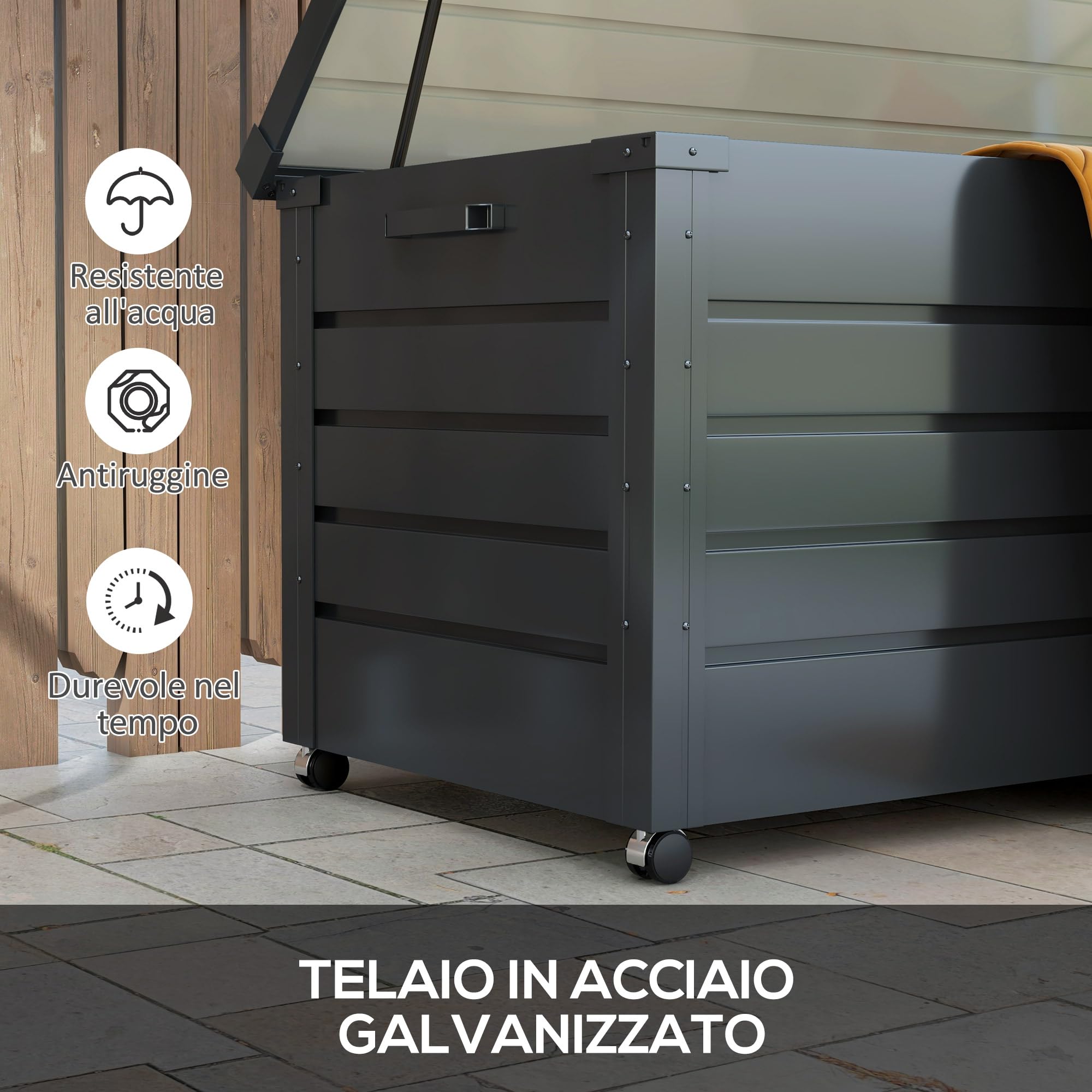 Outsunny Baule da Giardino 311L Acciaio Zincato 120x62x66 cm Grigio Scuro